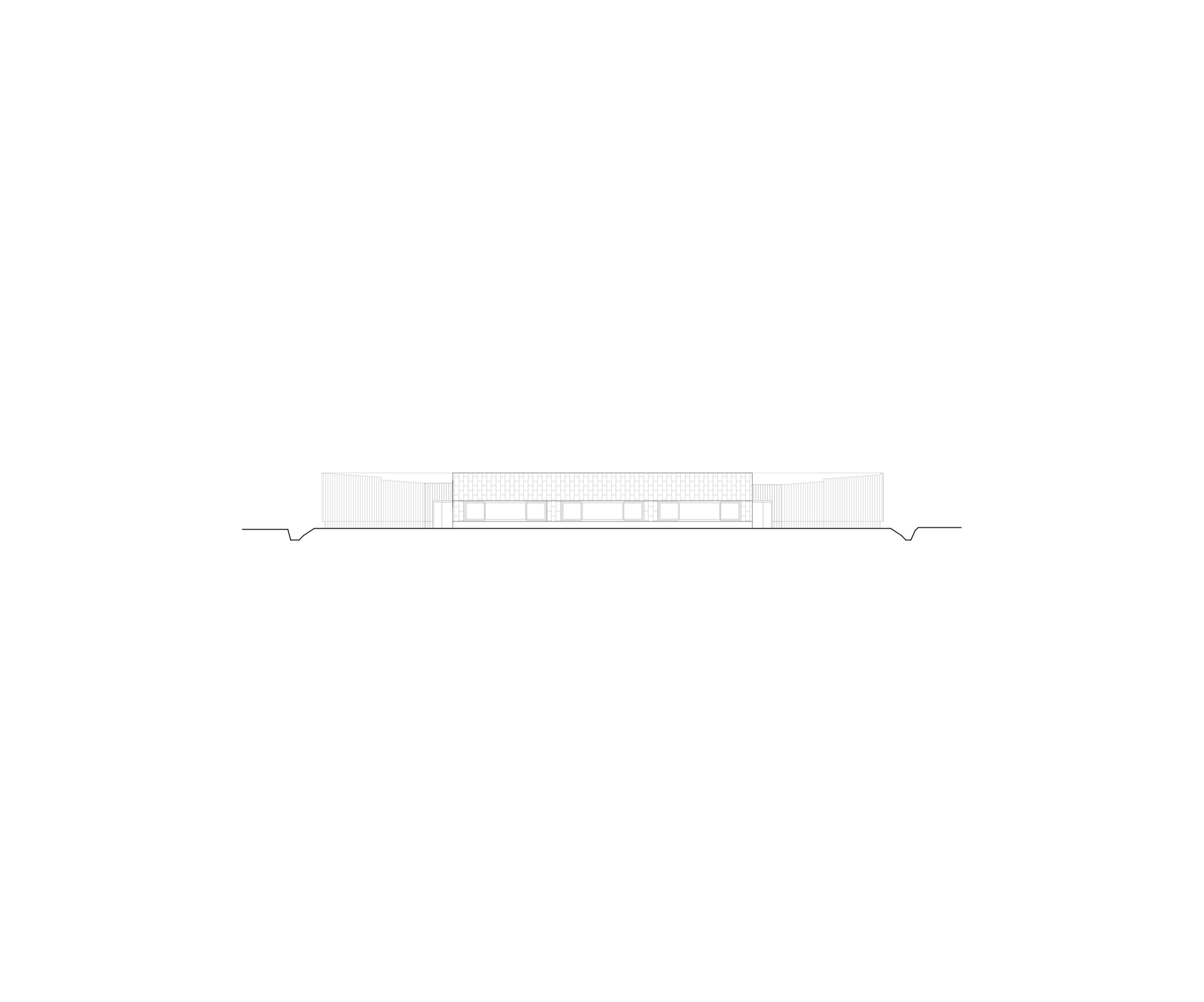 Elevational drawing of Hubert Reeves Elementary School in Champagnole, showing low zinc-clad volume with regular classroom openings and timber-framed ends.