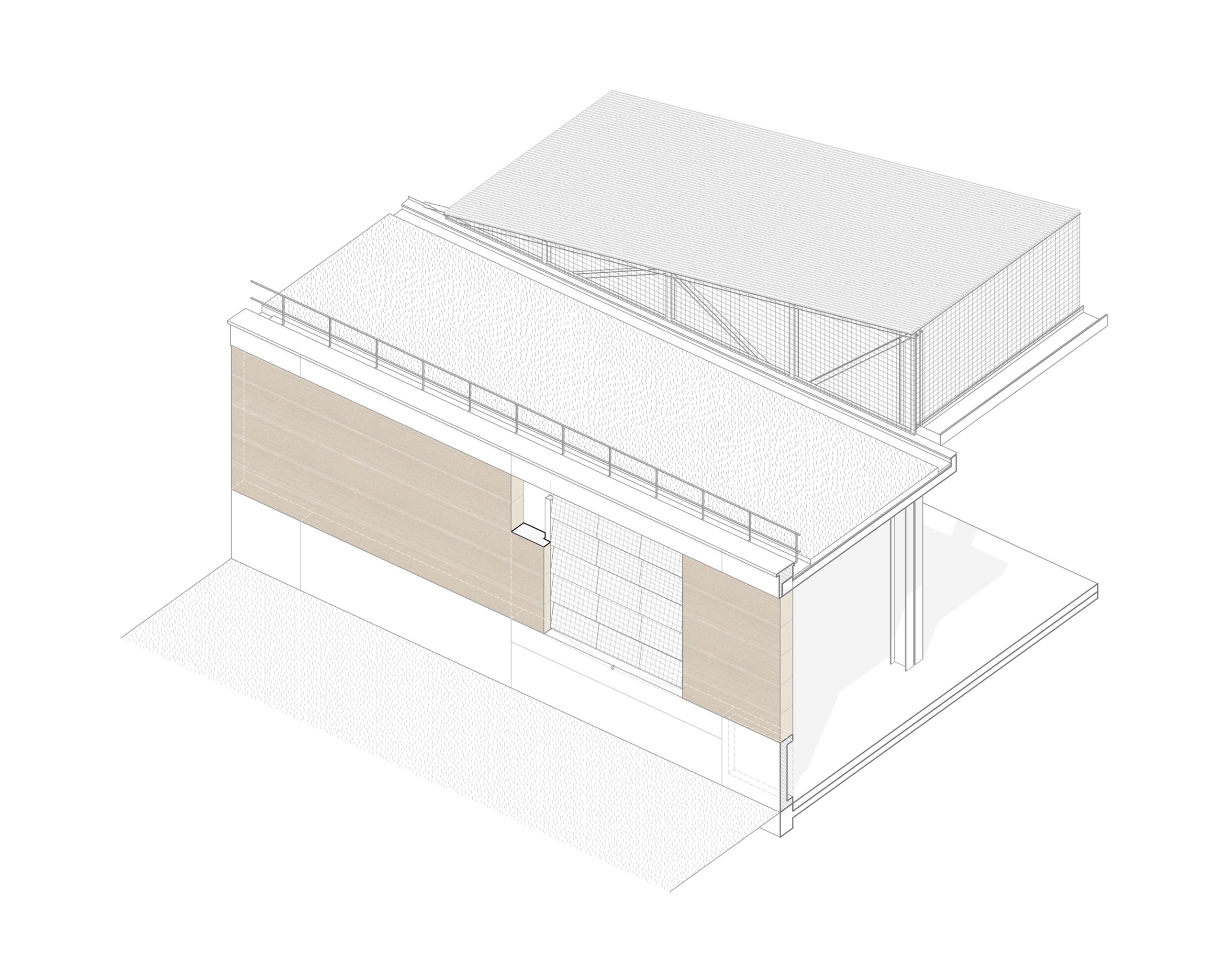 Axonometric view of Lyon tramway maintenance center, showing rammed earth facades, metal truss roof and timber-framed bays in a rational grid.