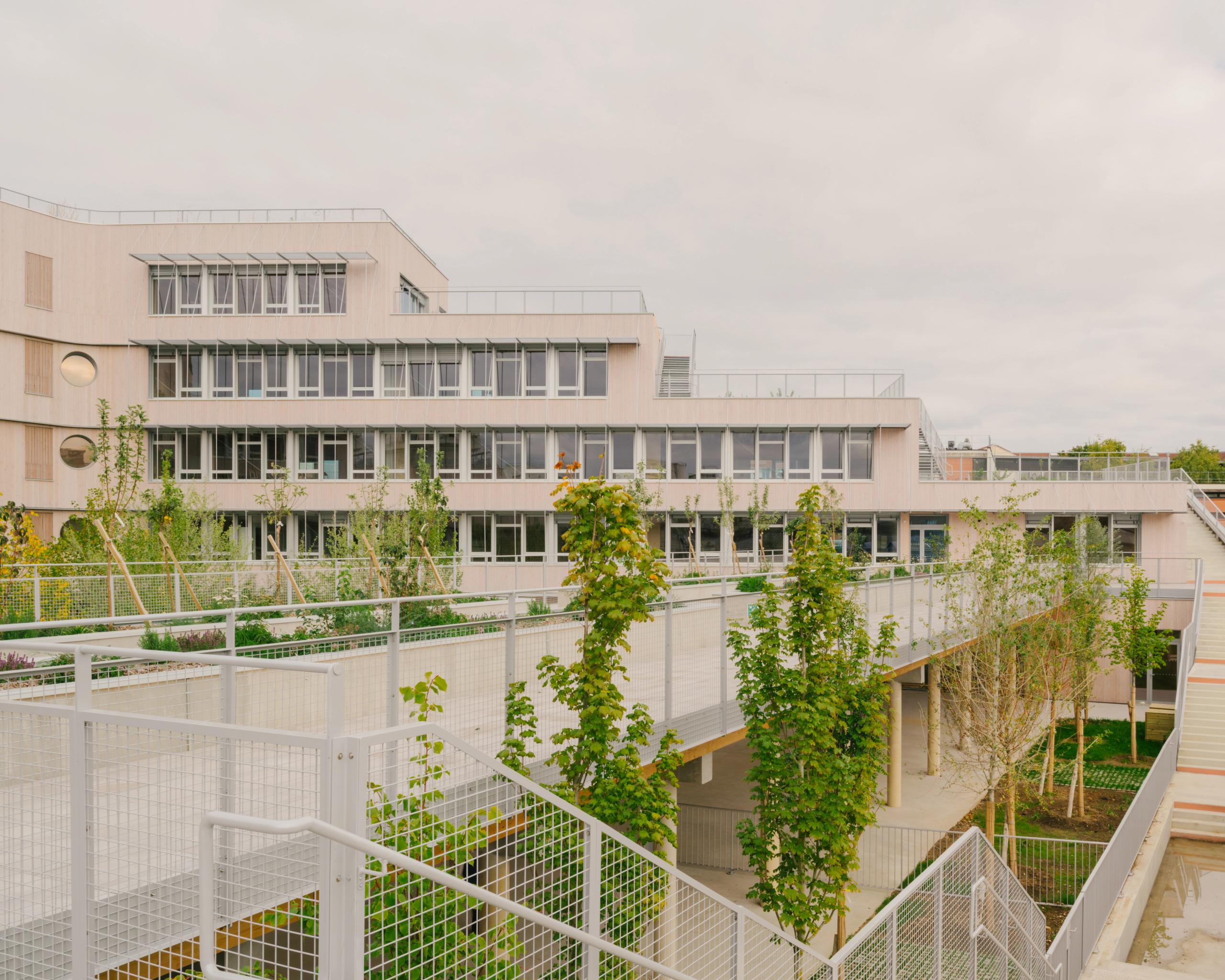Groupe scolaire Dominique Frelaut à Colombes, volumes en gradins, façades claires largement vitrées, passerelles et terrasses plantées formant cour paysagère.