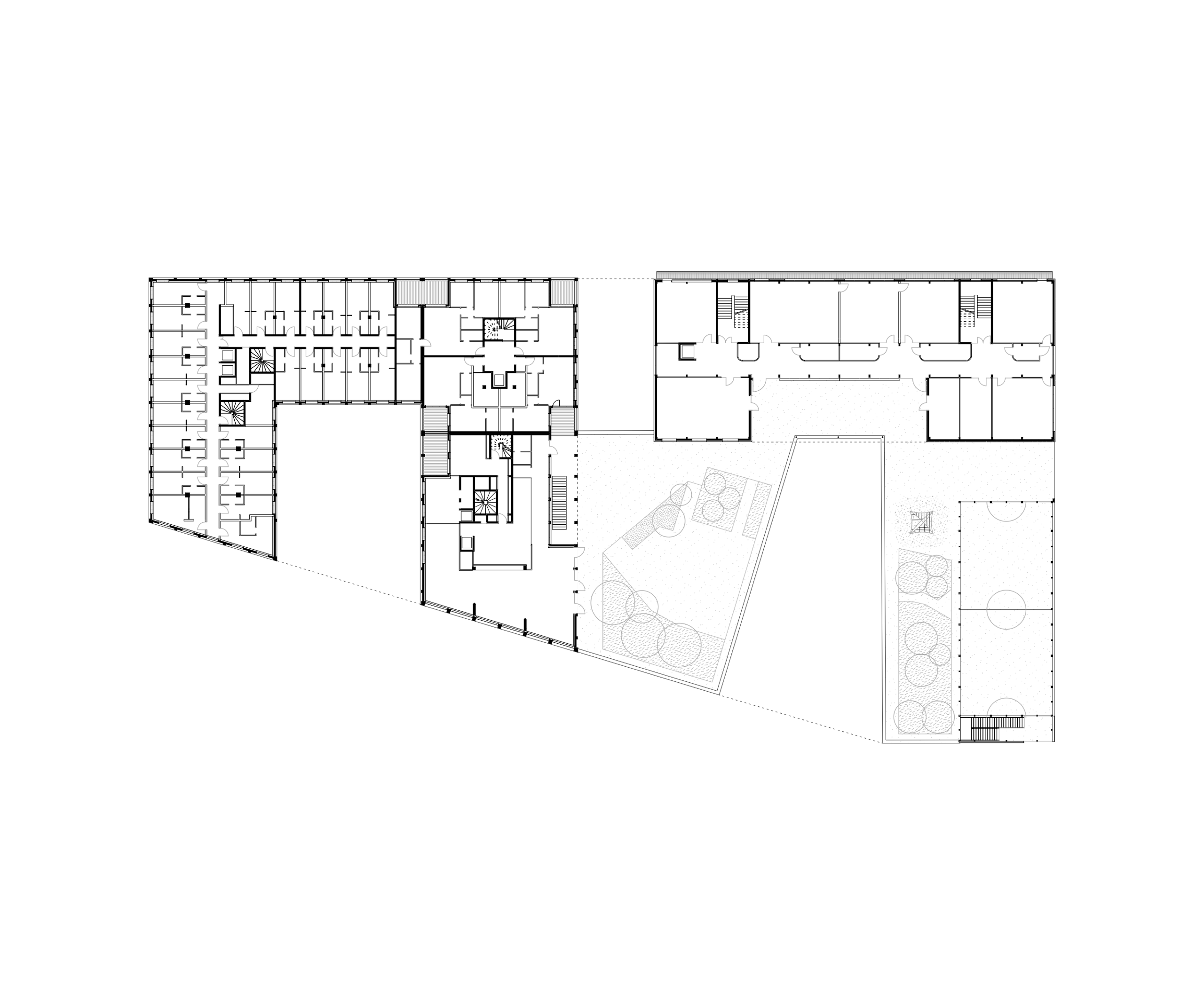 Plan masse du projet Frida Kahlo à Bordeaux montrant l’îlot mixte : ailes bâties pour logements, résidence étudiante et School complex encadrant cours plantées et terrains extérieurs.