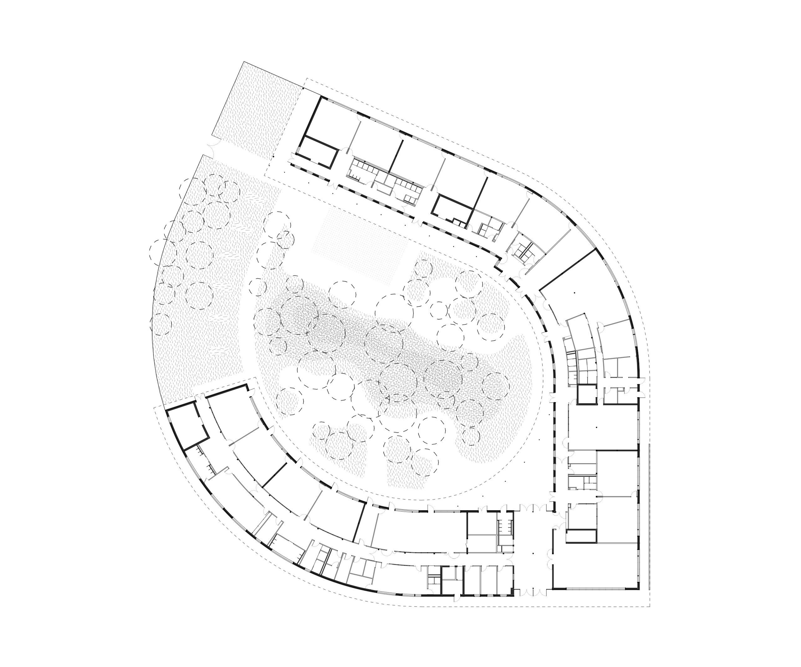 Plan du groupe scolaire à Vienne : bâtiment courbe en ossature bois enveloppant une cour plantée centrale, classes maternelles et élémentaires disposées en anneau.