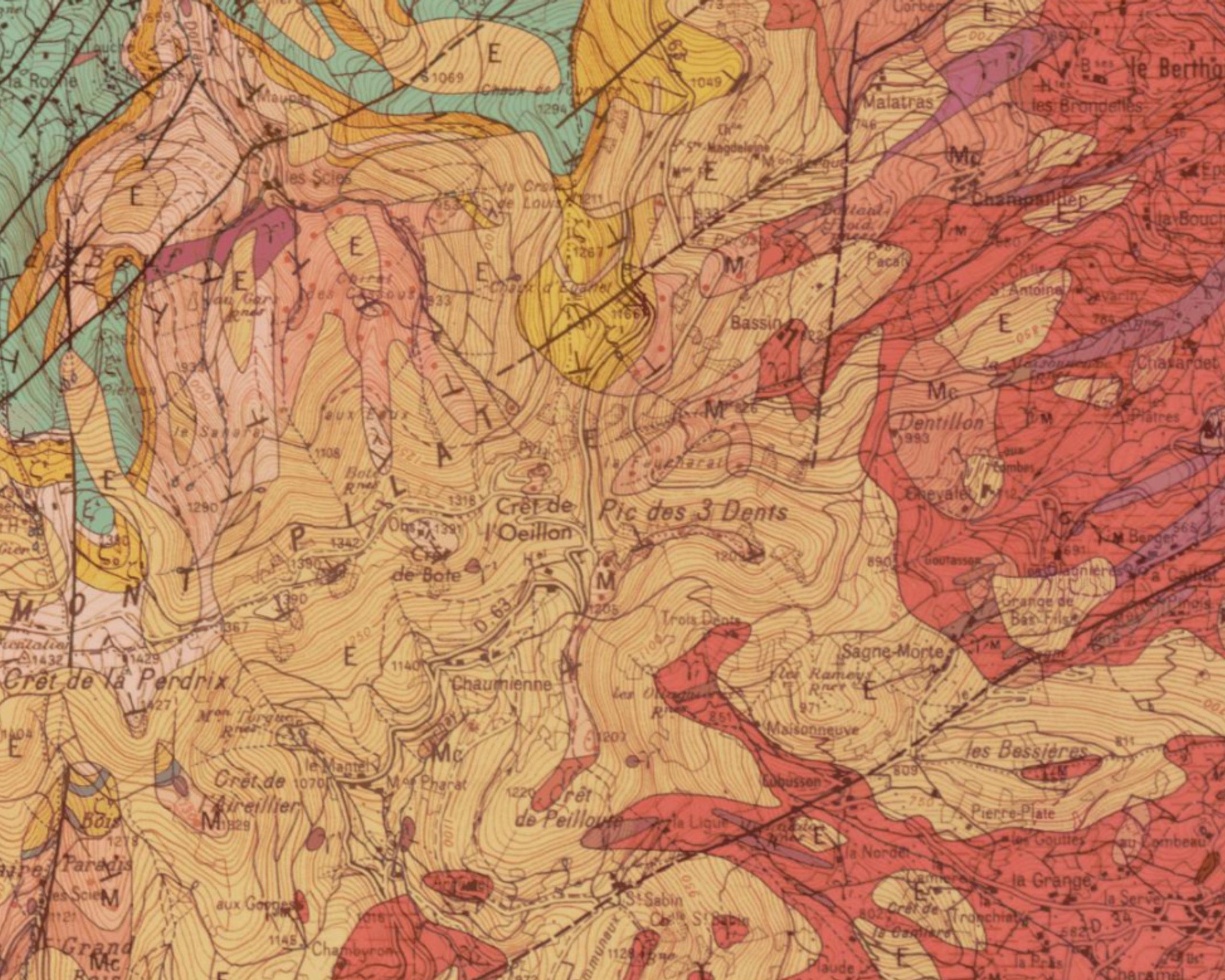 Carte topographique et géologique du col de l’Oeillon à Véranne, montrant relief, courbes de niveau et zonages du site de l’auberge de montagne restructurée.