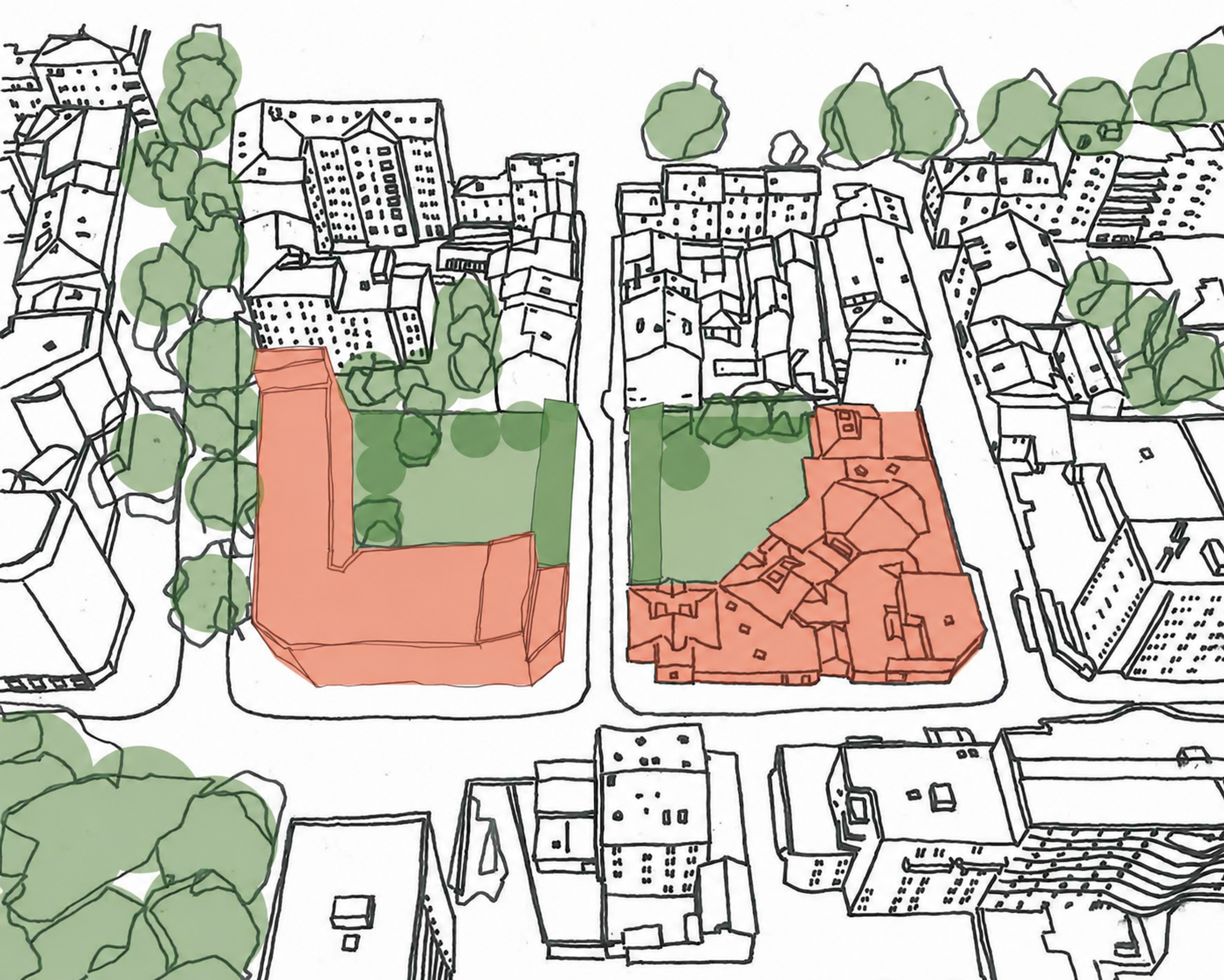 Plan axonométrique du groupe scolaire Pompidou-Mourguet à Lyon : volumes en équerre autour de cours arborées, inscrits dans un îlot urbain dense.