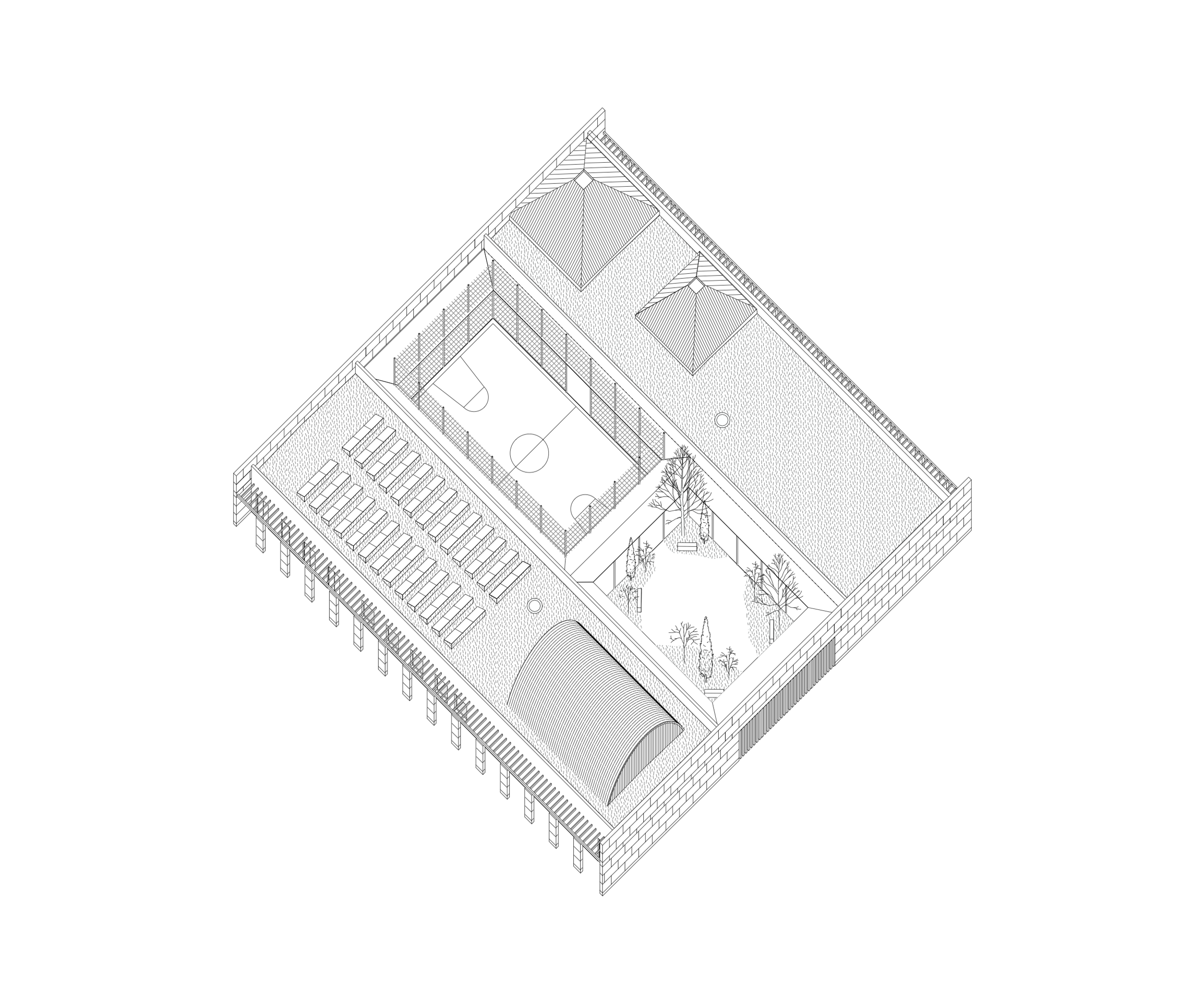 Axonometric drawing of the Youth Cultural Center in Vaison-la-Romaine, showing stone perimeter walls, twin wings, garden courtyard and multi-sport court.
