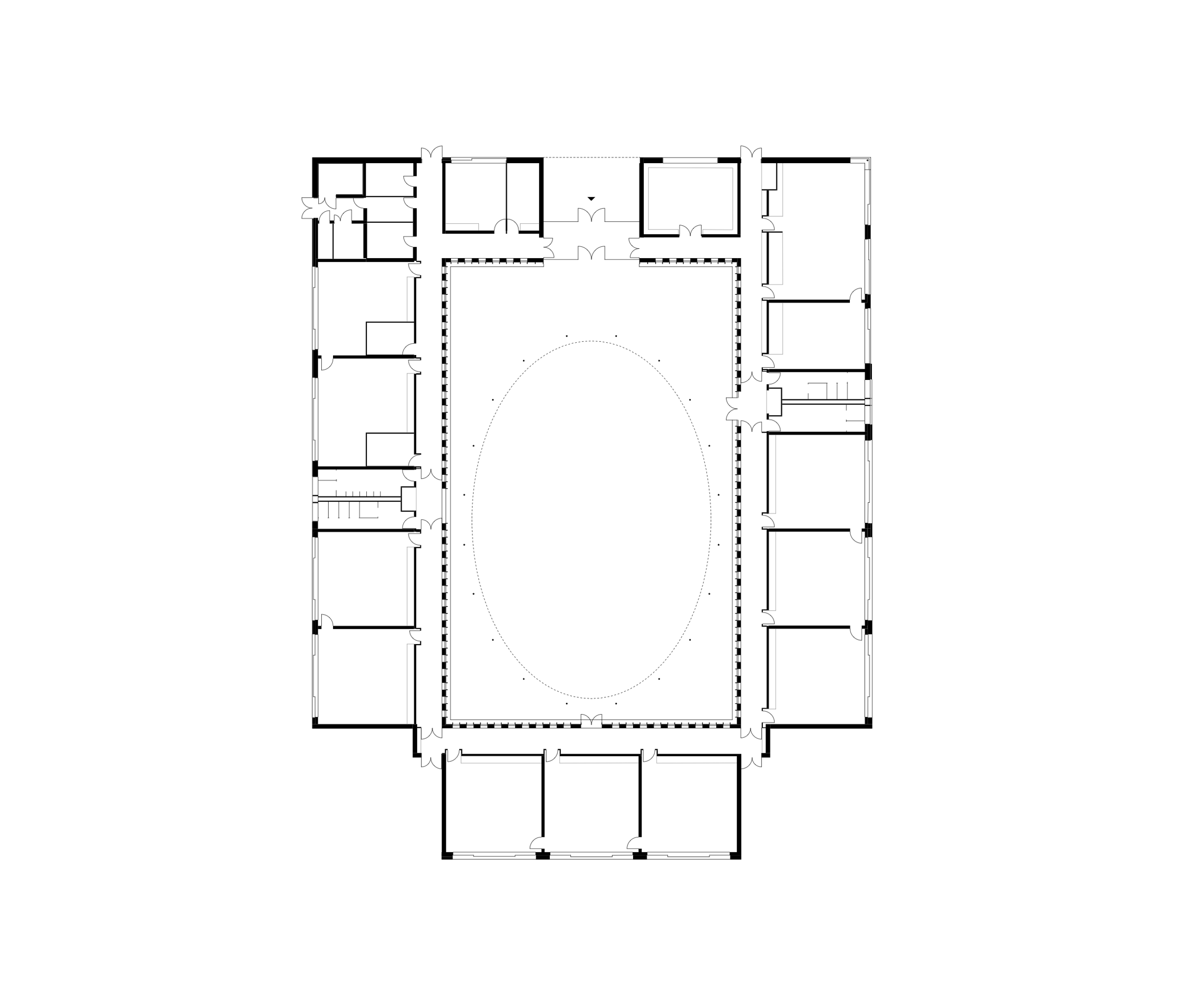 Plan de l’école élémentaire Hubert Reeves à Champagnole, cour elliptique centrale en impluvium entourée de salles de classe en bande périphérique.
