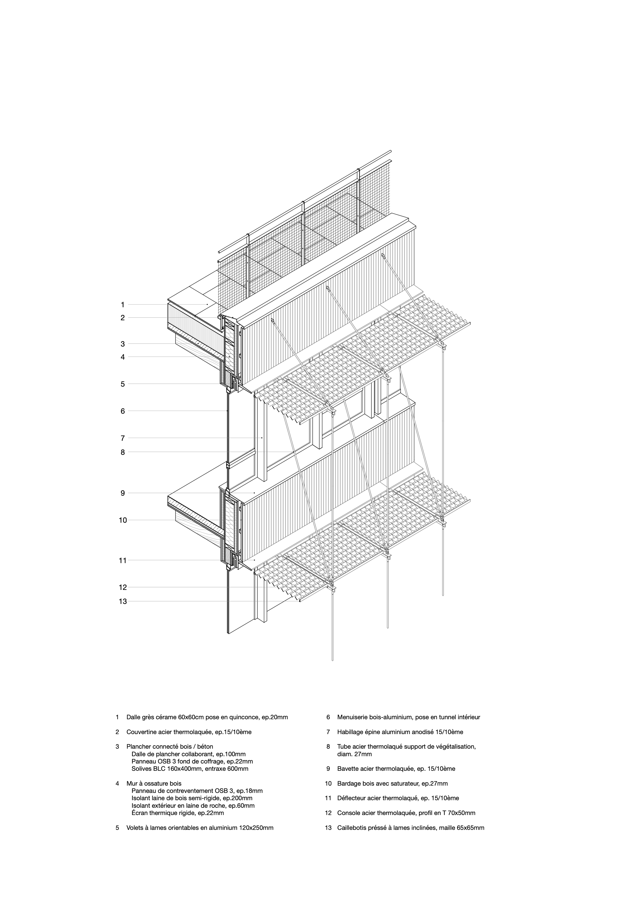 Détail axonométrique de façade du Groupe scolaire Dominique Frelaut à Colombes, montrant structure bois-béton, menuiseries bois-aluminium et brise-soleil métalliques végétalisables.