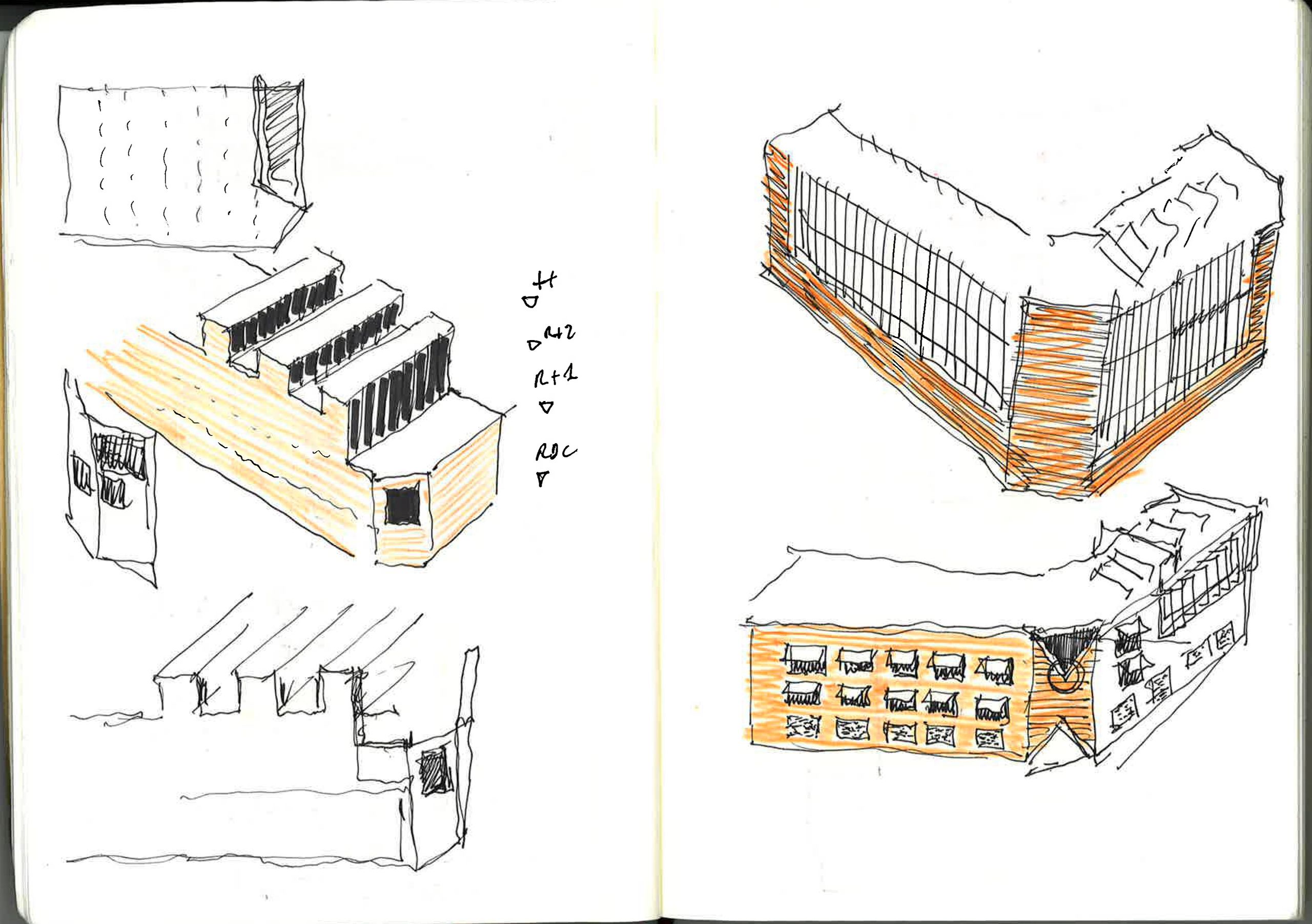Concept sketches of the Pompidou-Mourguet School complex in Lyon, showing L-shaped masonry volumes, glazed façades and roof monitors around the playground.