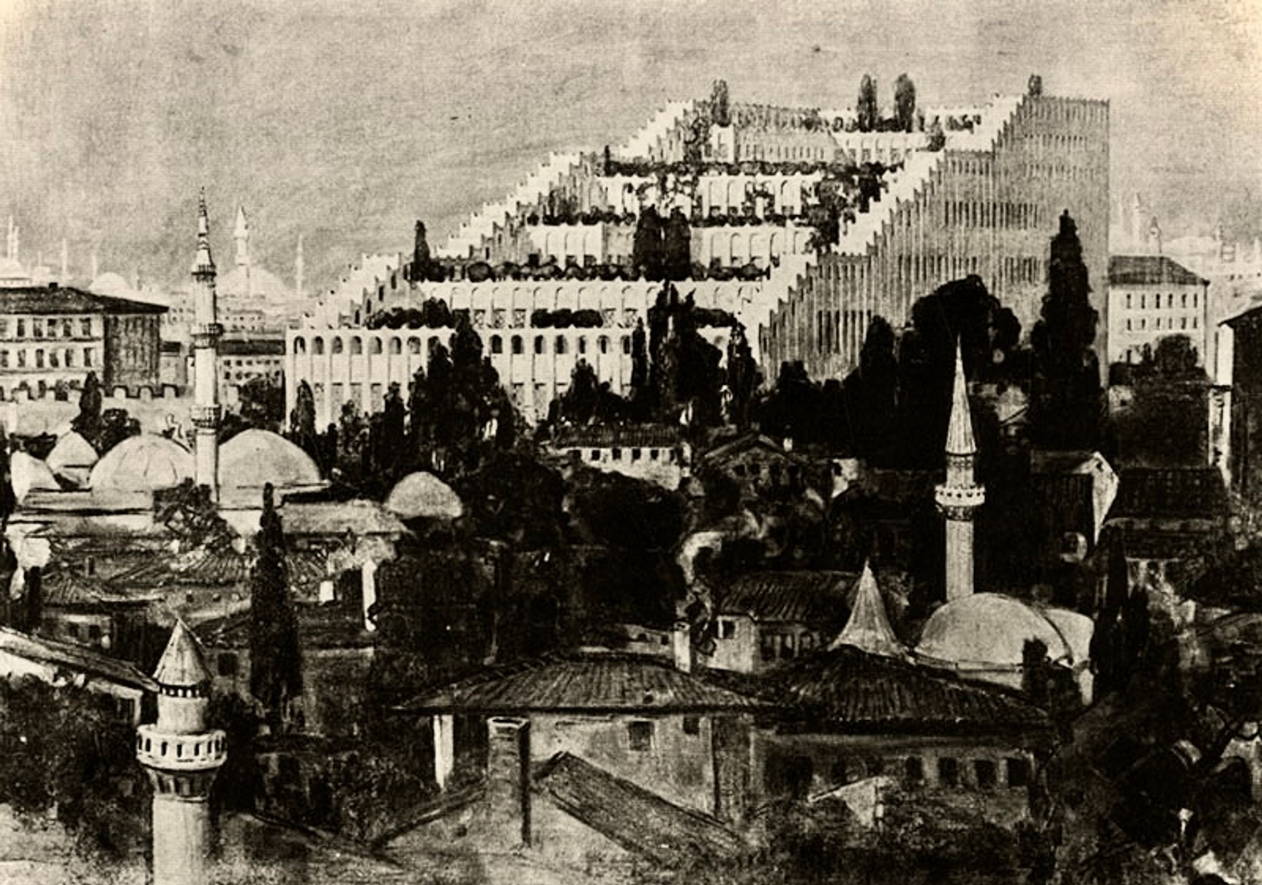 Vue urbaine dense à Colombes, dominée par un volume en gradins type école Dominique Frelaut, formant une enceinte bâtie autour d’un cœur paysager.