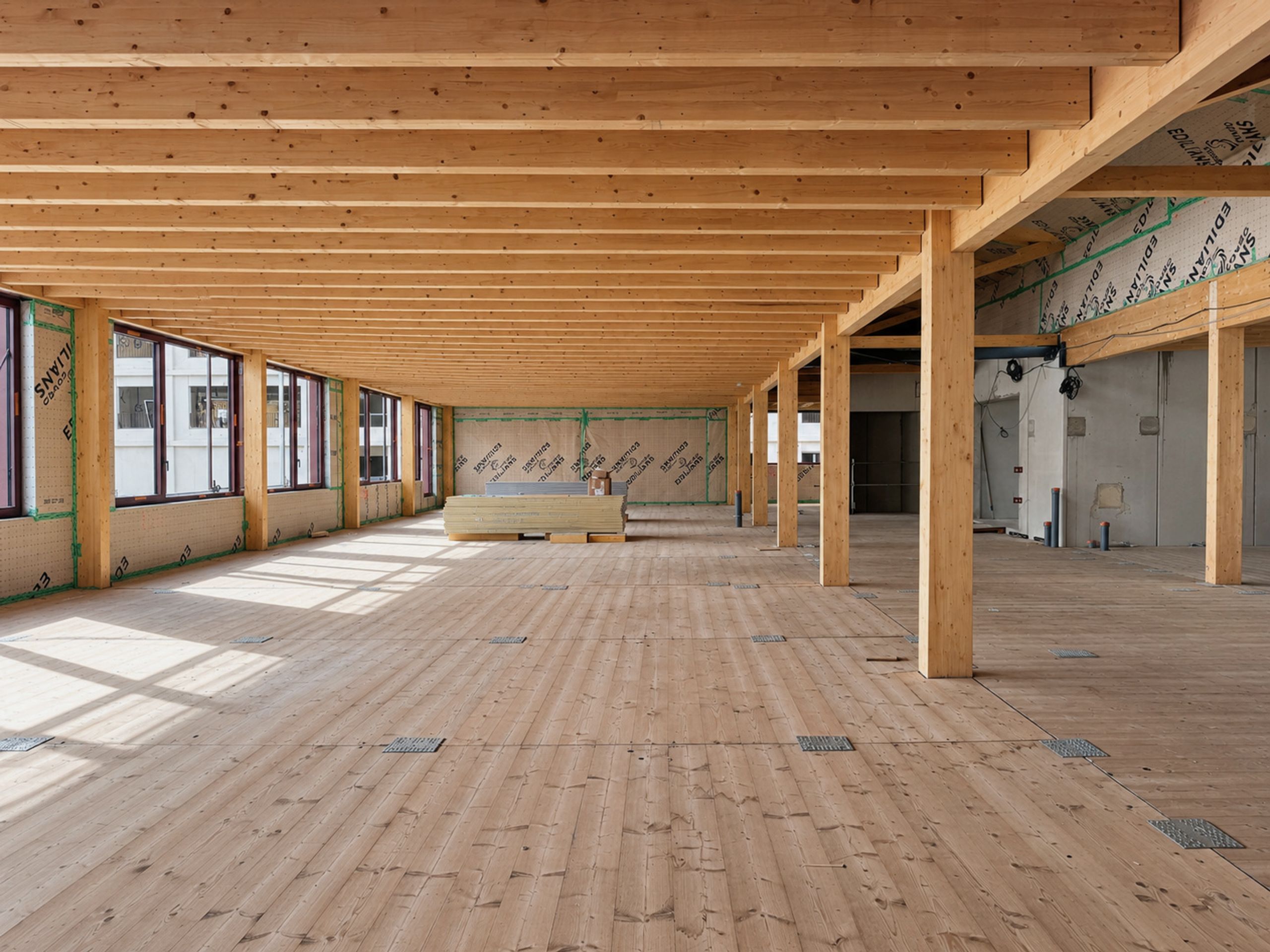 Chantier de l’îlot 8.10 à Bordeaux : plateau ouvert en structure poteaux-poutres bois, plancher bois et baies longitudinales.