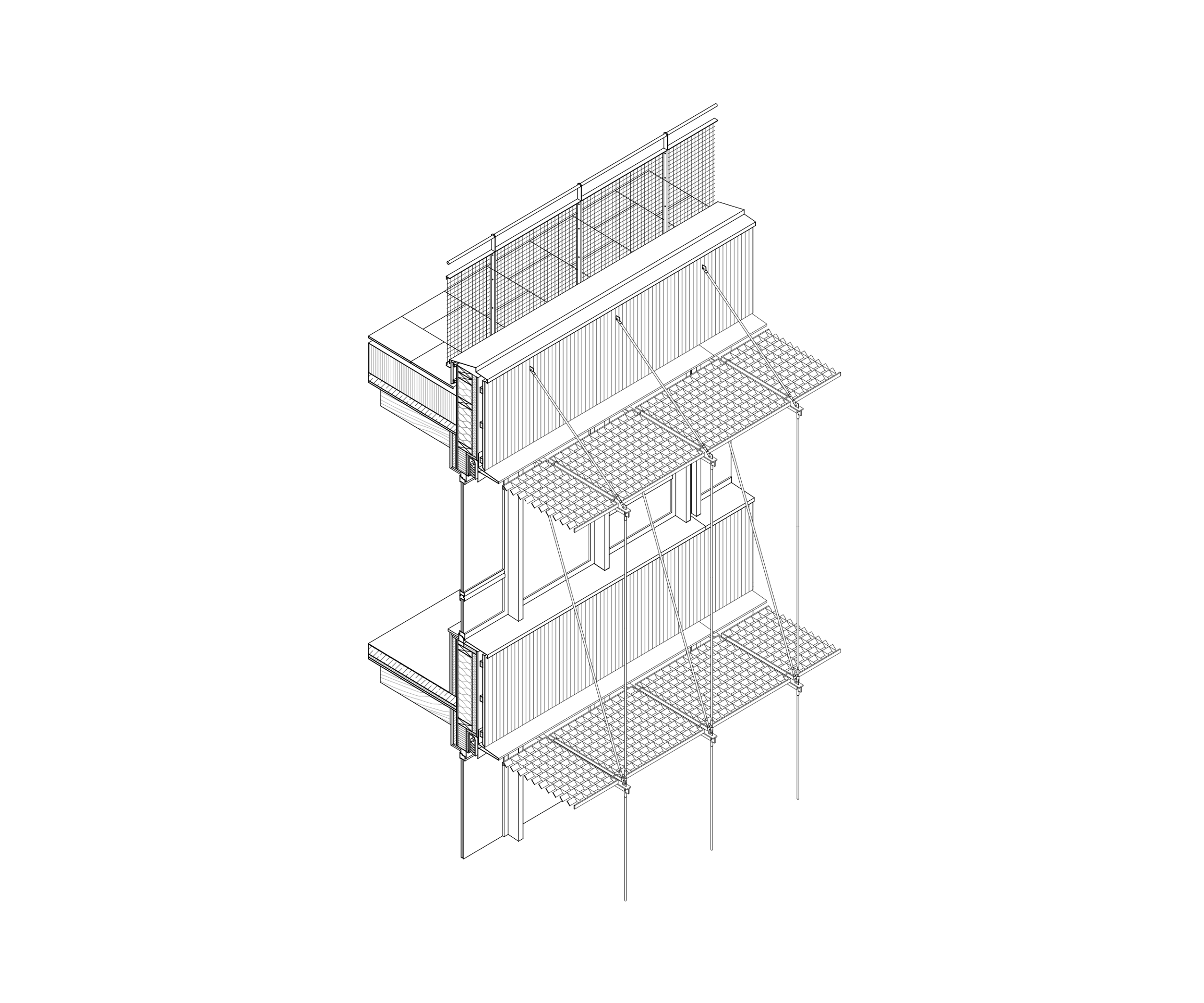Axonométrie de façade du Groupe scolaire Dominique Frelaut à Colombes, montrant structure bois, casquette métallique végétalisable et terrasses suspendues.