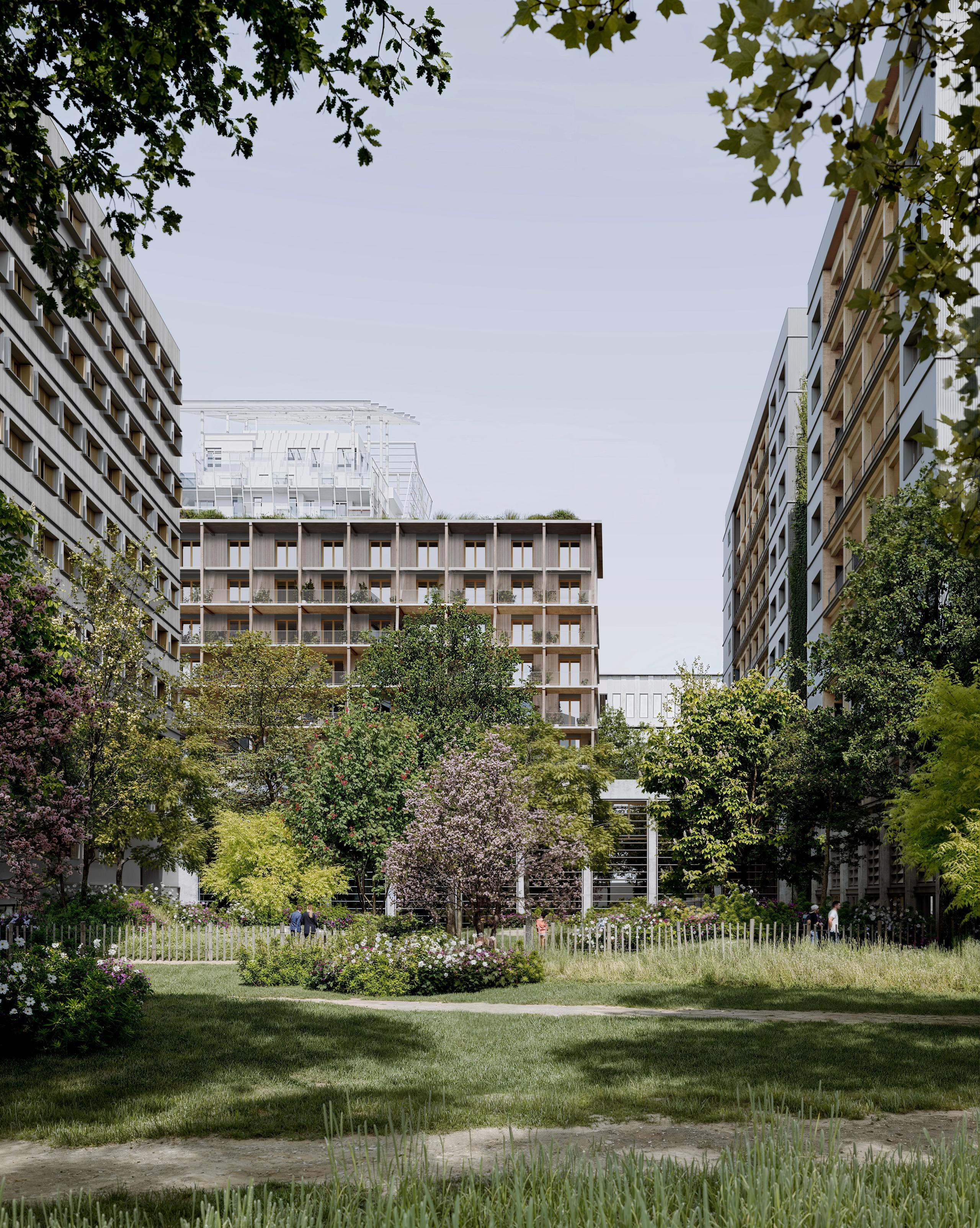 View of the E4 North block in Lyon: U-shaped timber-clad housing and offices framing a central wet garden above a semi-underground sports hall.