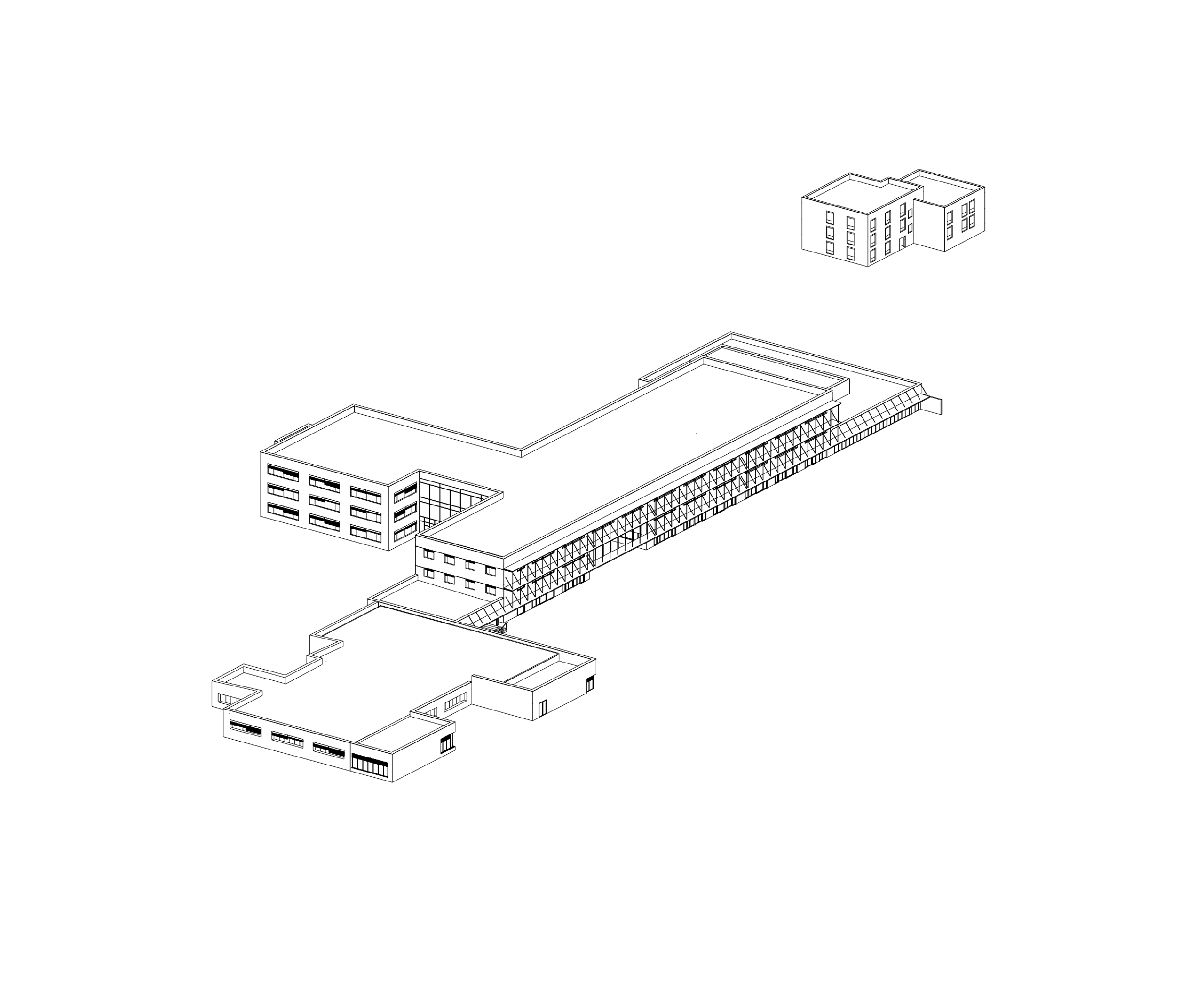 Axonométrie du projet de Restructuration du collège Maryse Bastié à Dole, montrant les volumes rationnels existants et l’extension alignée sur la trame structurelle.