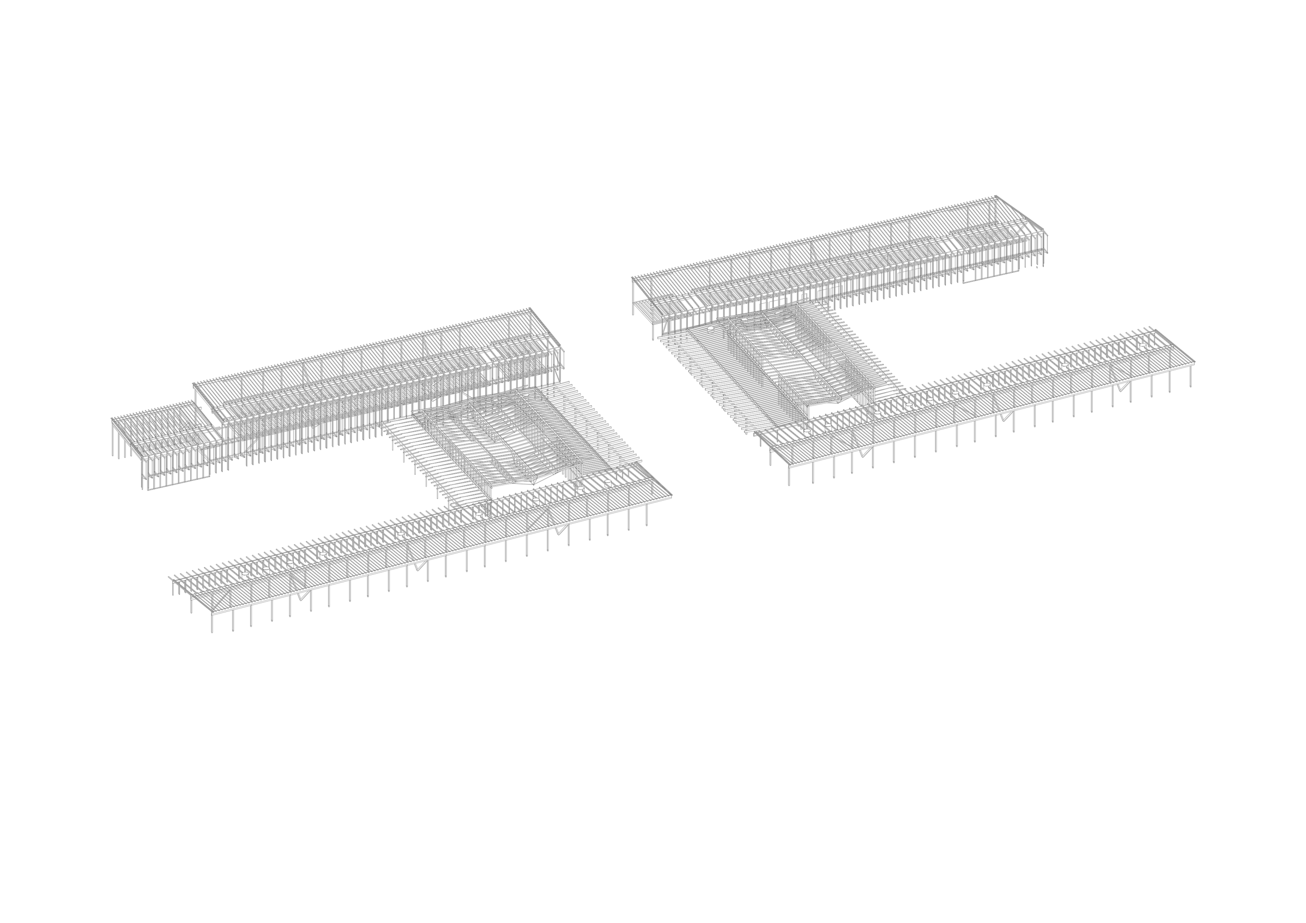Schéma des groupes scolaires Jacqueline Auriol et Jean Jaurès au Bourget : deux bâtiments en U faussement symétriques encadrant un parvis commun.