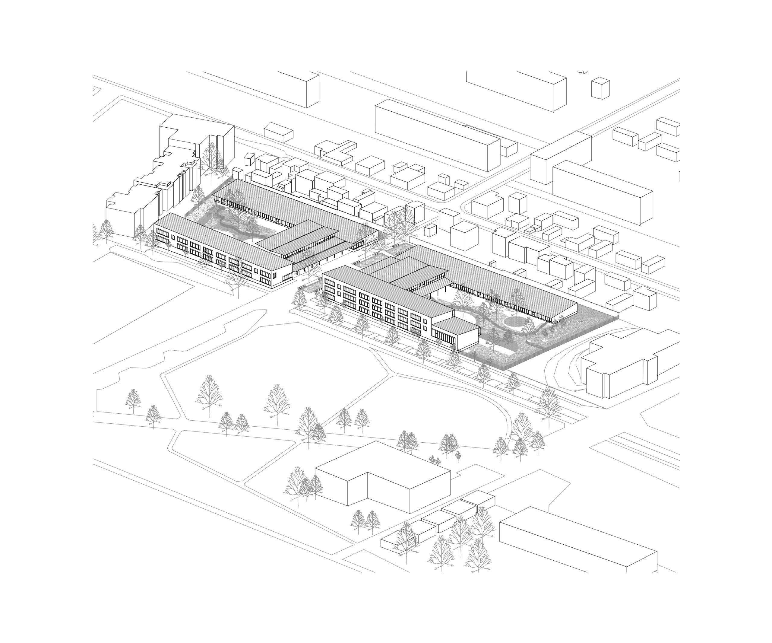 Axonométrie des groupes scolaires Jacqueline Auriol et Jean Jaurès au Bourget, deux volumes en U encadrant un parvis d’entrée et des cours plantées.