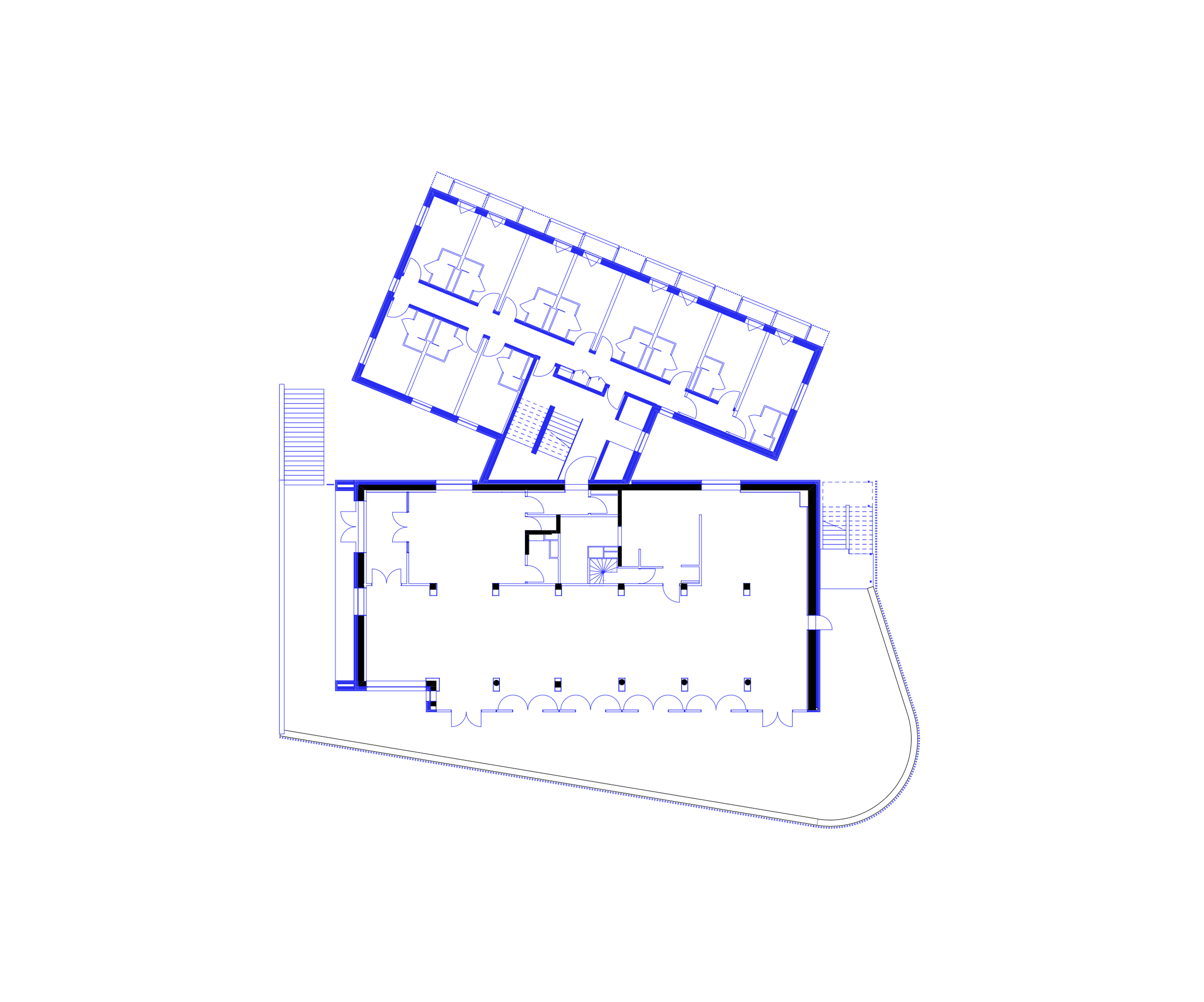 Plan de niveau de l’auberge de jeunesse des Deux Alpes par Tectoniques, montrant le socle existant et l’aile de chambres en extension en léger décalage.