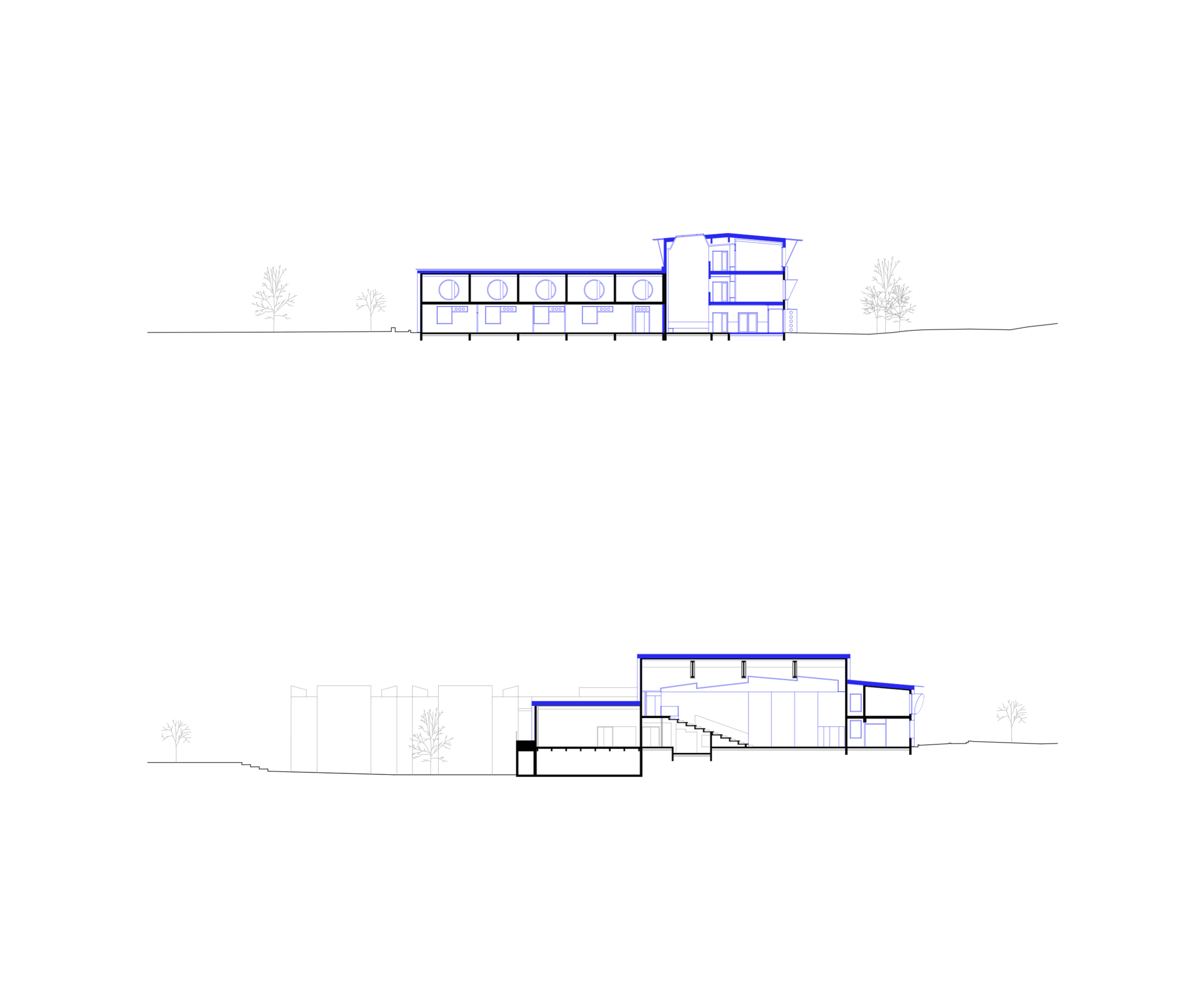 Coupes du conservatoire intercommunal d’Annemasse : salles superposées, baies circulaires, auditorium à gradins et volumes sous toitures inclinées.