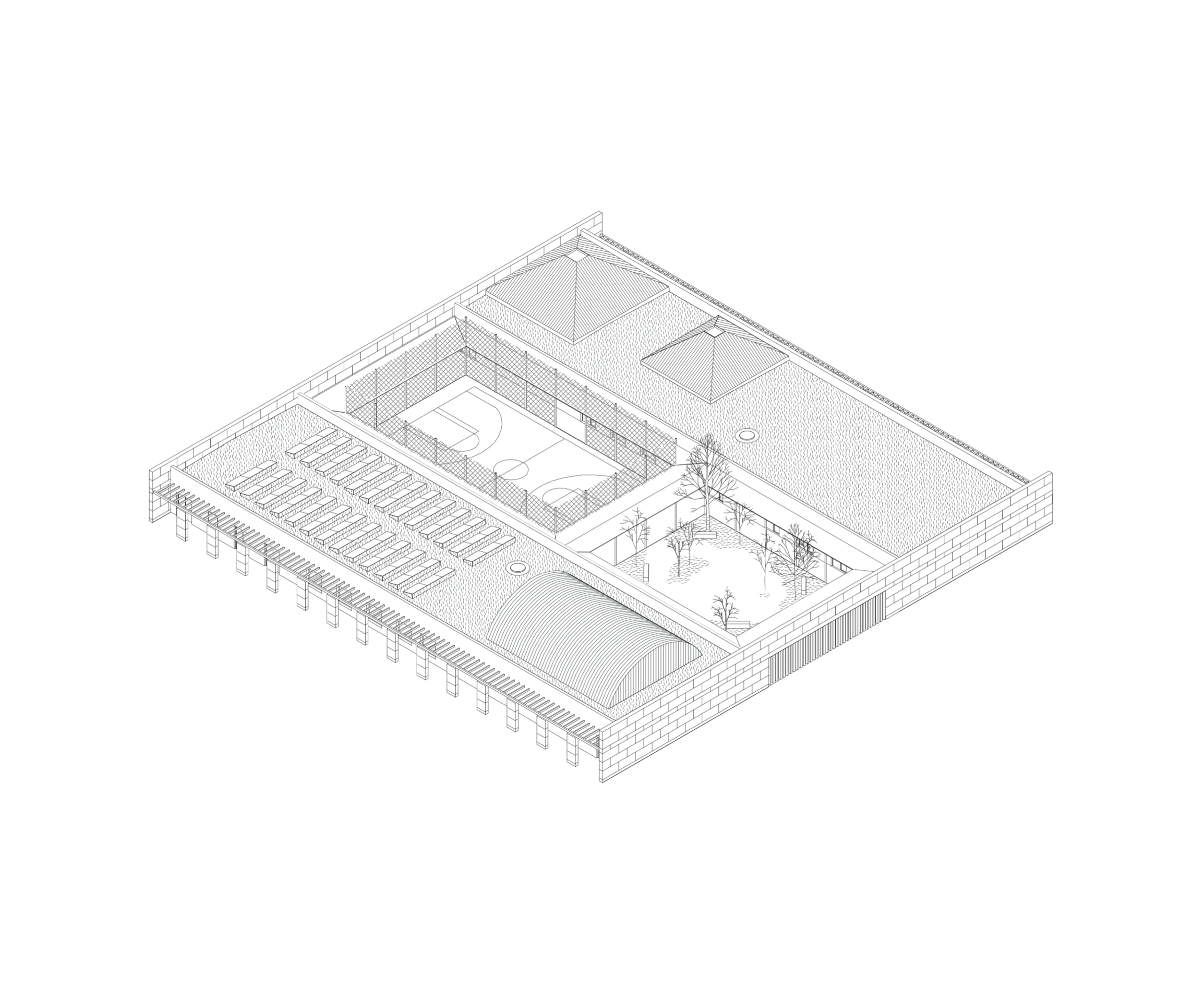 Axonométrie du Pôle culture et jeunesse à Vaison-la-Romaine : enceinte carrée en pierre massive, deux ailes basses encadrant jardin planté et city stade central.