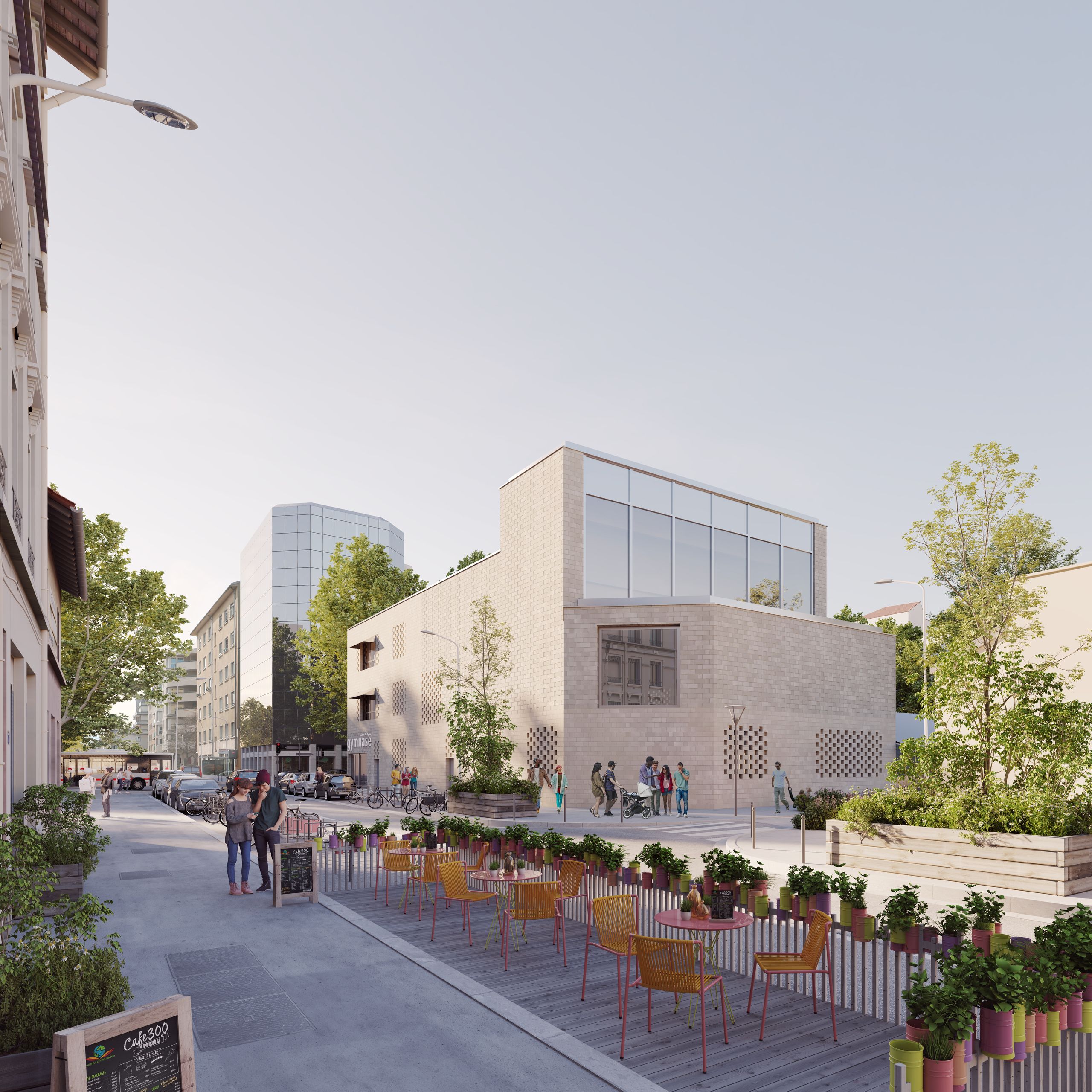 À Lyon, le groupe scolaire Pompidou-Mourguet forme un angle urbain en maçonnerie claire, rythmé de claustras et couronné d’un volume vitré.