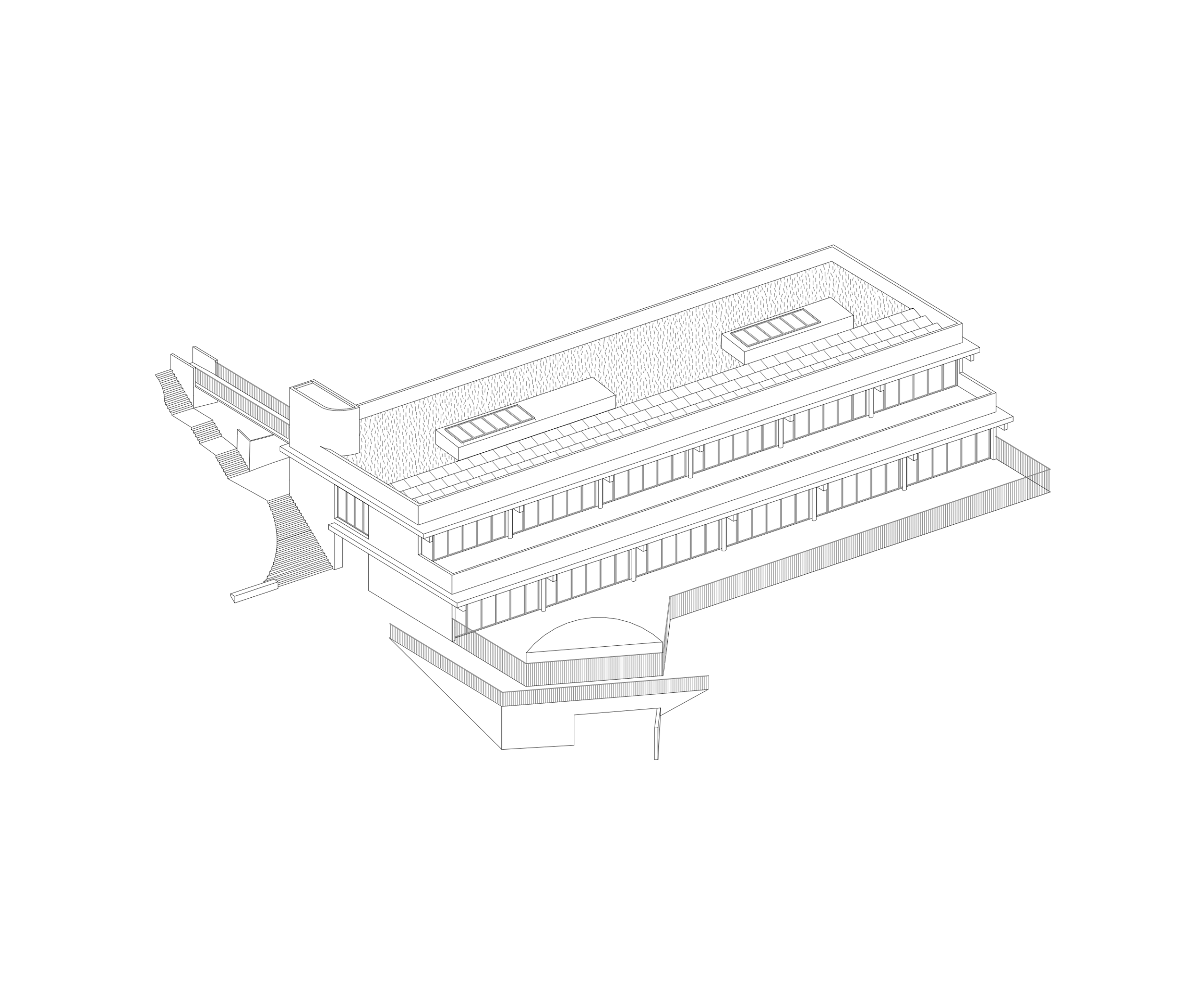 Axonométrie de la Maison des familles à Limonest : volume en strates sur terrain en pente, plateaux superposés, toiture terrasse et puits de lumière longitudinaux.