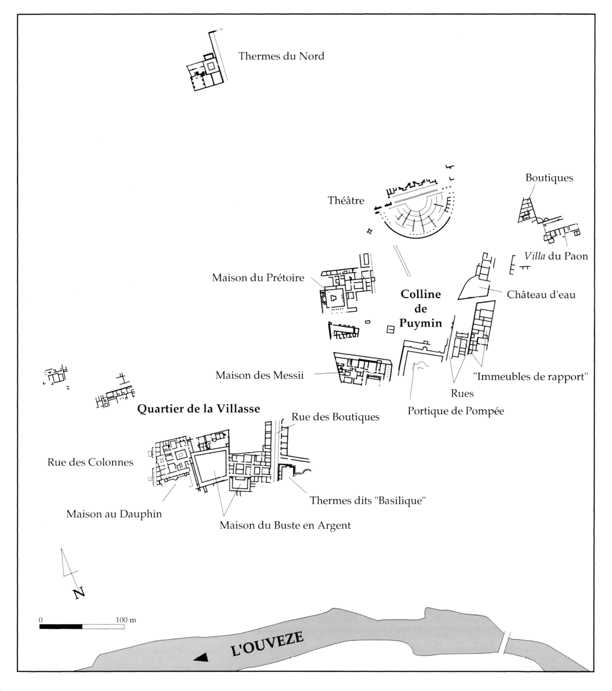 Plan de situation du pôle culture et jeunesse à Vaison-la-Romaine, schéma en noir et blanc localisant le projet dans le tissu urbain et le relief existant.