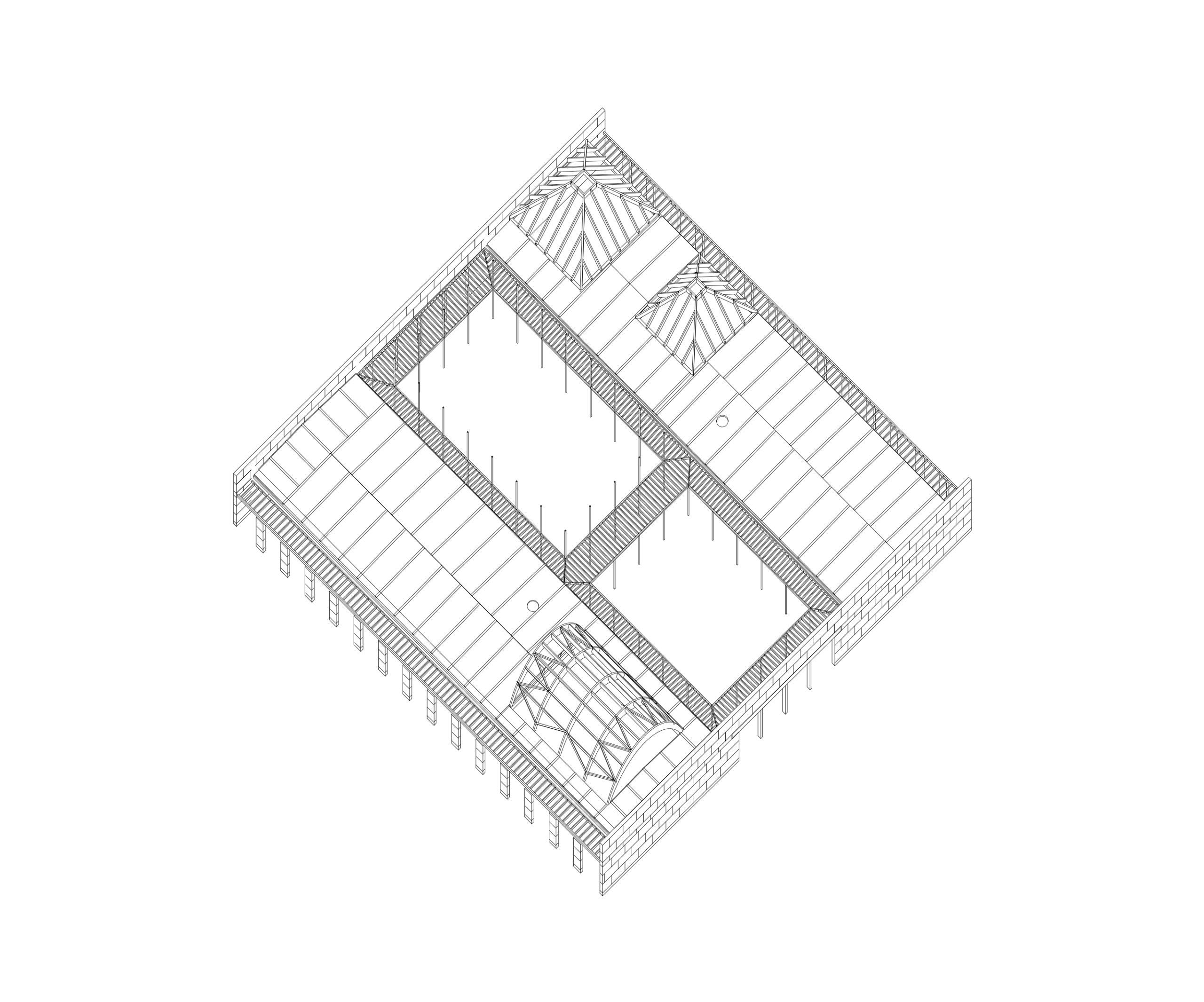 Axonométrie du pôle culture et jeunesse à Vaison-la-Romaine : enceinte carrée en pierre massive, deux ailes encadrant jardin et city stade, volumes saillants des salles.