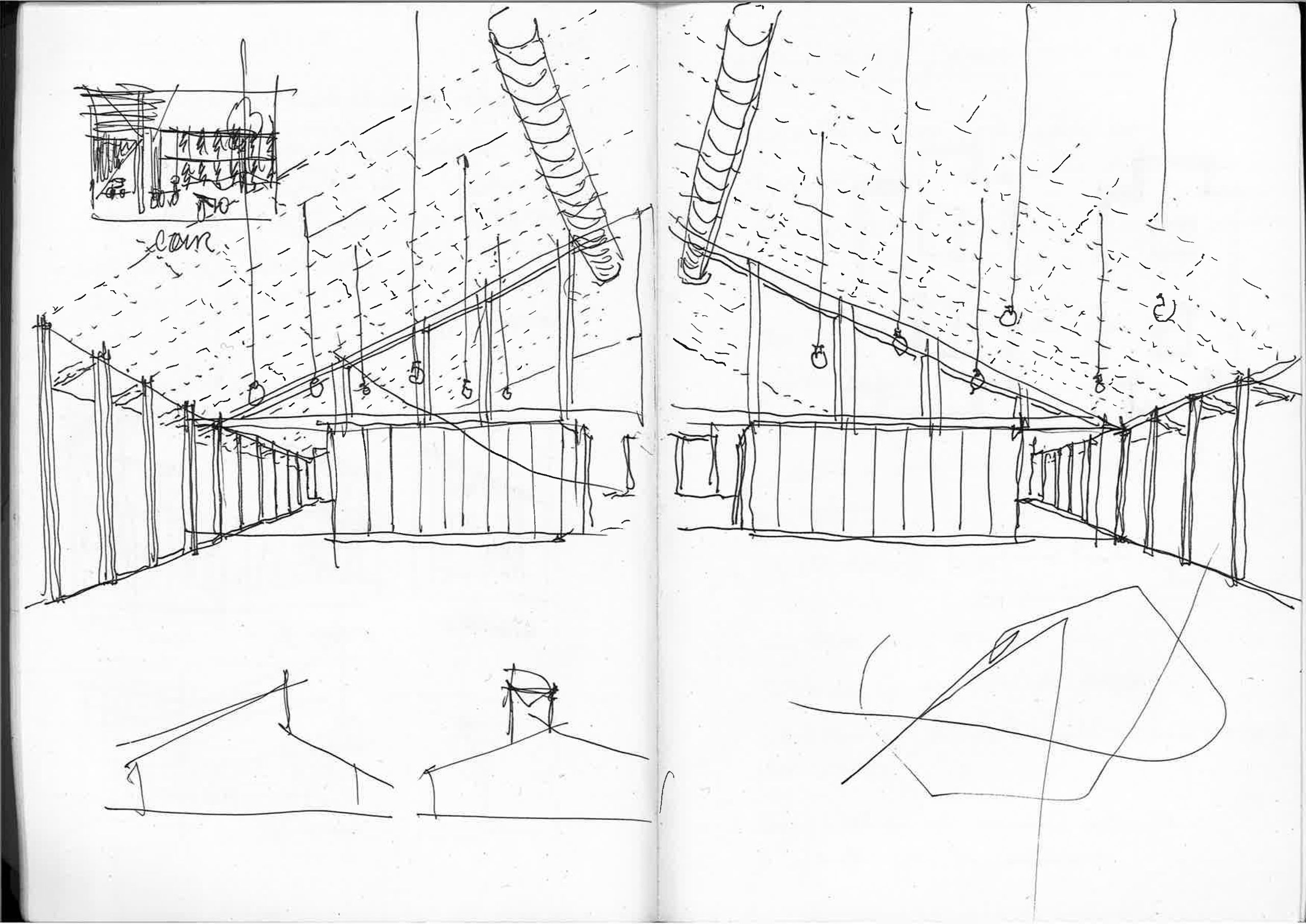 Concept sketch of the Cultural, Childhood and Youth Centre in Saint-Valérien, showing a courtyard hall with sloping roofs, glazed façades and exposed services.