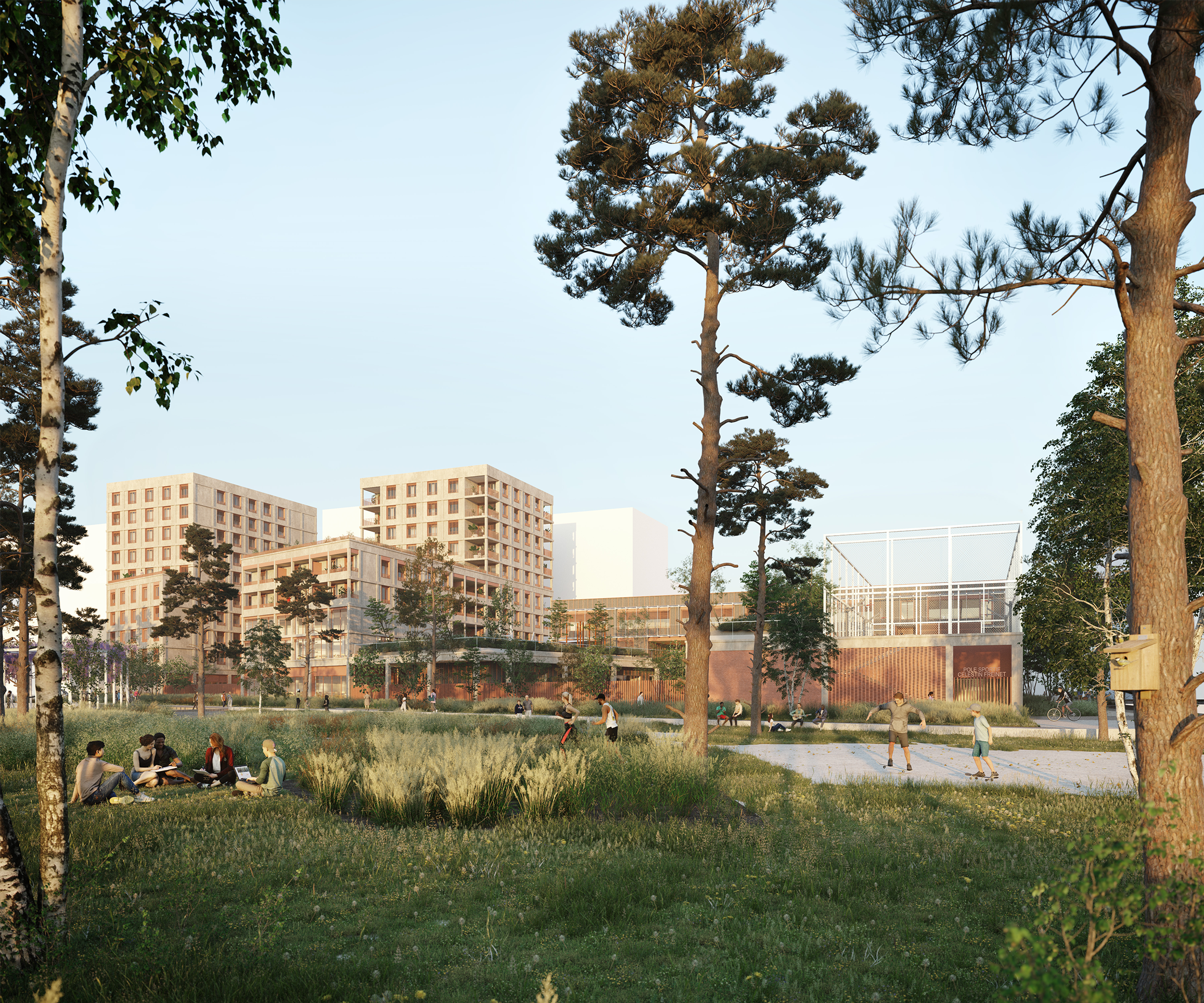 Perspective of Mixed-Use Blocks in Bordeaux, showing timber-clad mid-rise volumes opening onto a landscaped park with tall pines and active public spaces.