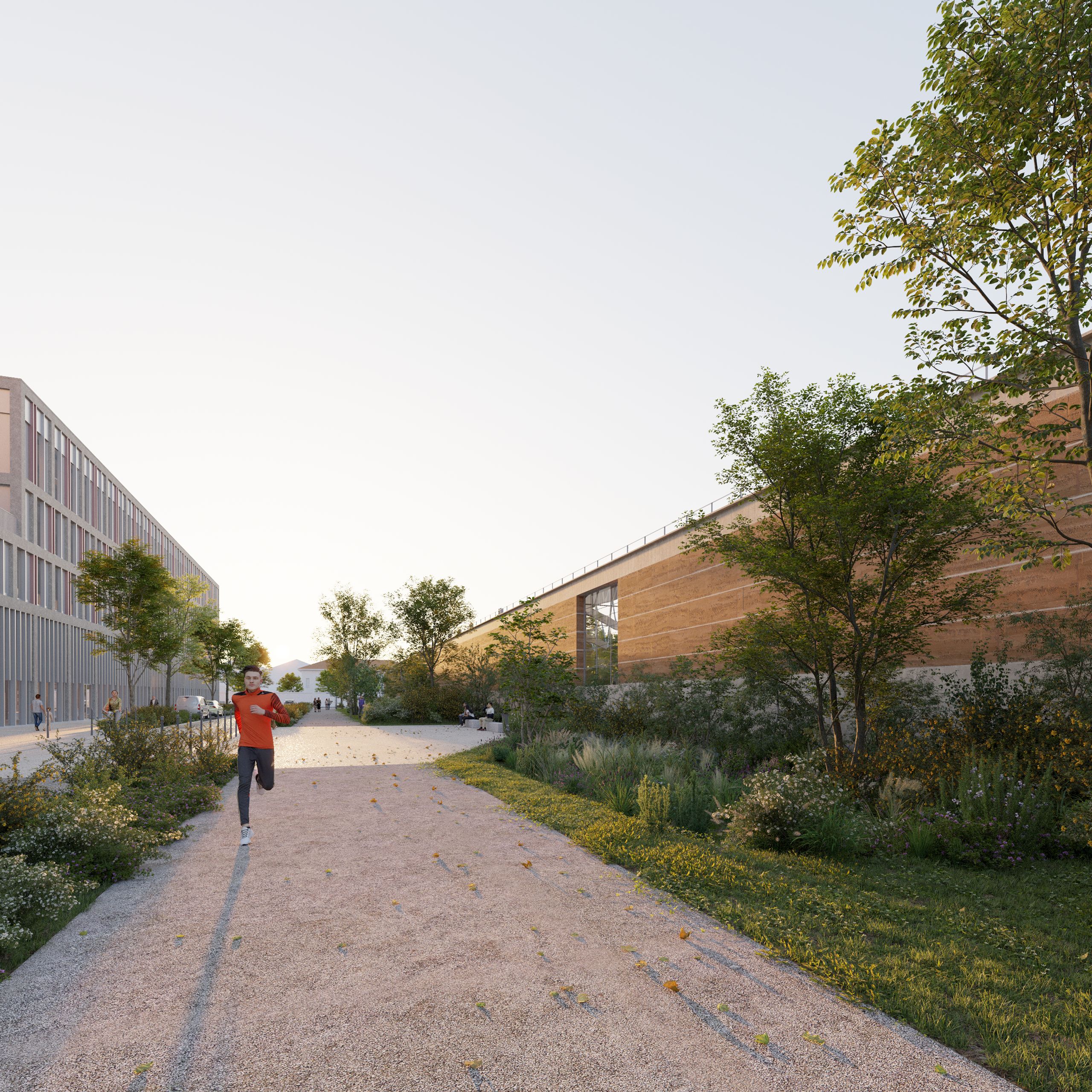 Lyon tramway maintenance center with rammed earth hall and metal-timber structure facing an office block, framed by planted pedestrian paths and trees.