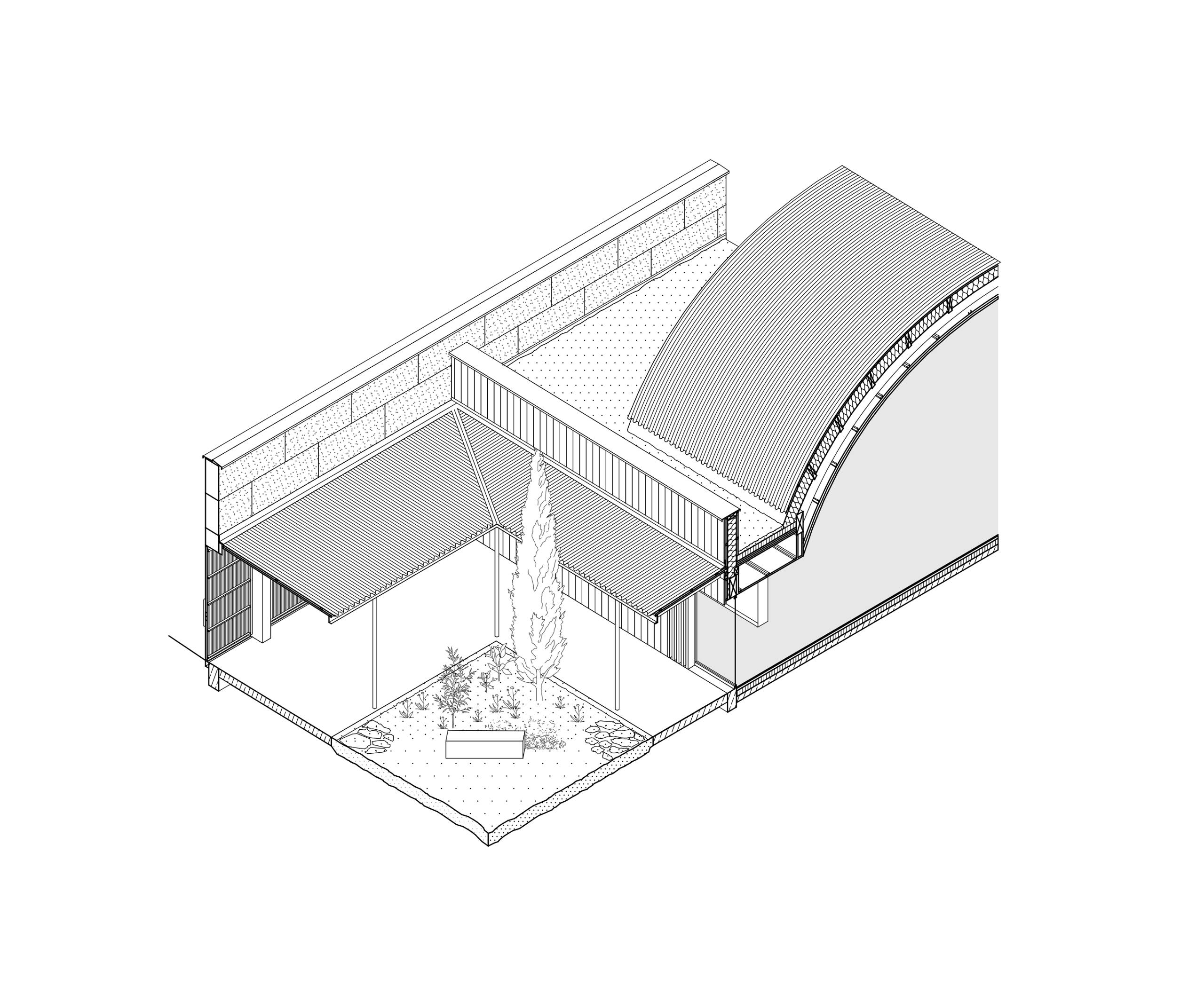 Axonométrie du pôle culturel de Vaison-la-Romaine par Tectoniques, montrant l’enceinte en pierre, le jardin central et la grande salle couverte voûtée.