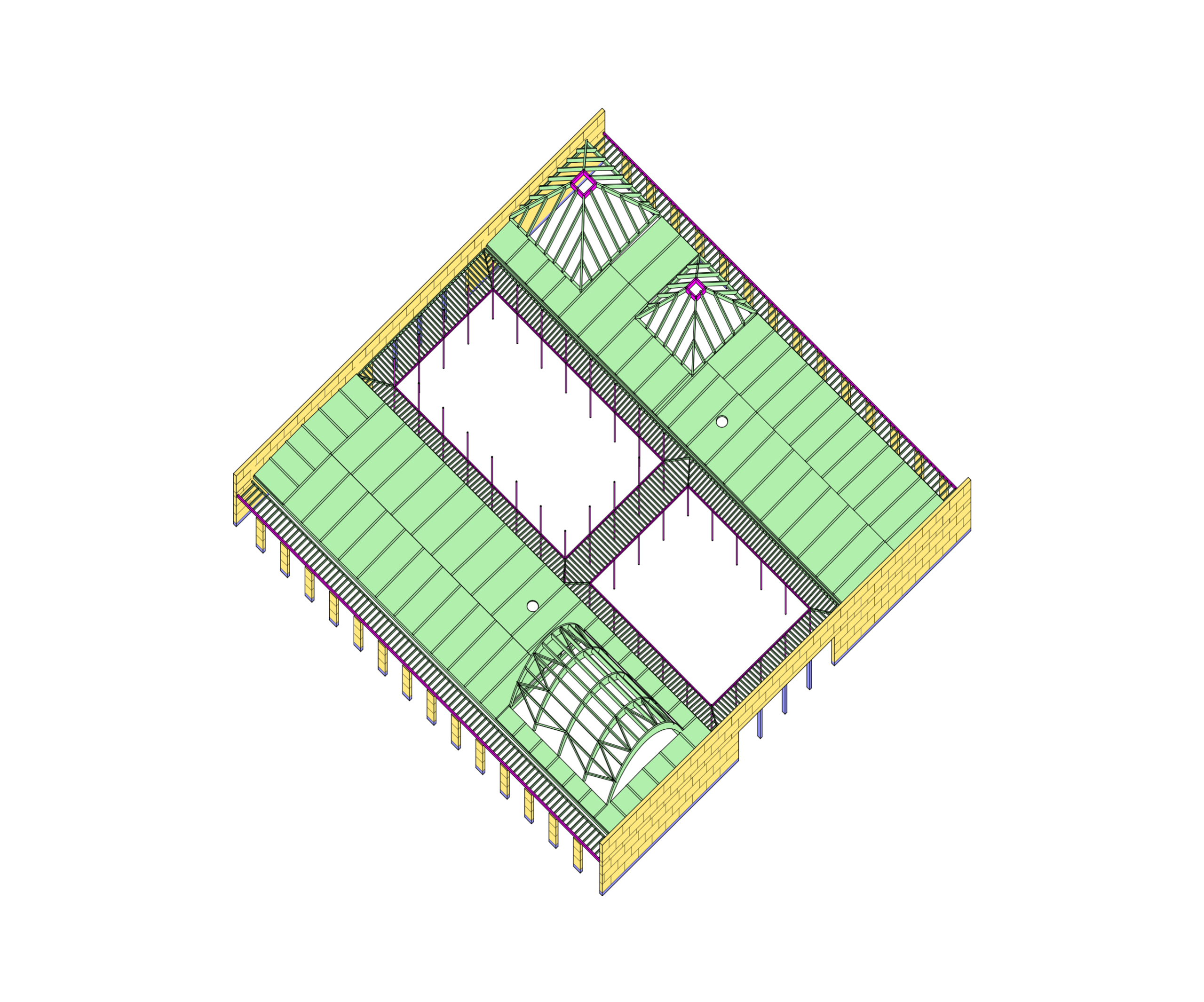 Axonométrie du Pôle culture et jeunesse à Vaison-la-Romaine : enceinte carrée en pierre massive, deux ailes basses encadrant jardin et city stade, volumes émergents des salles.