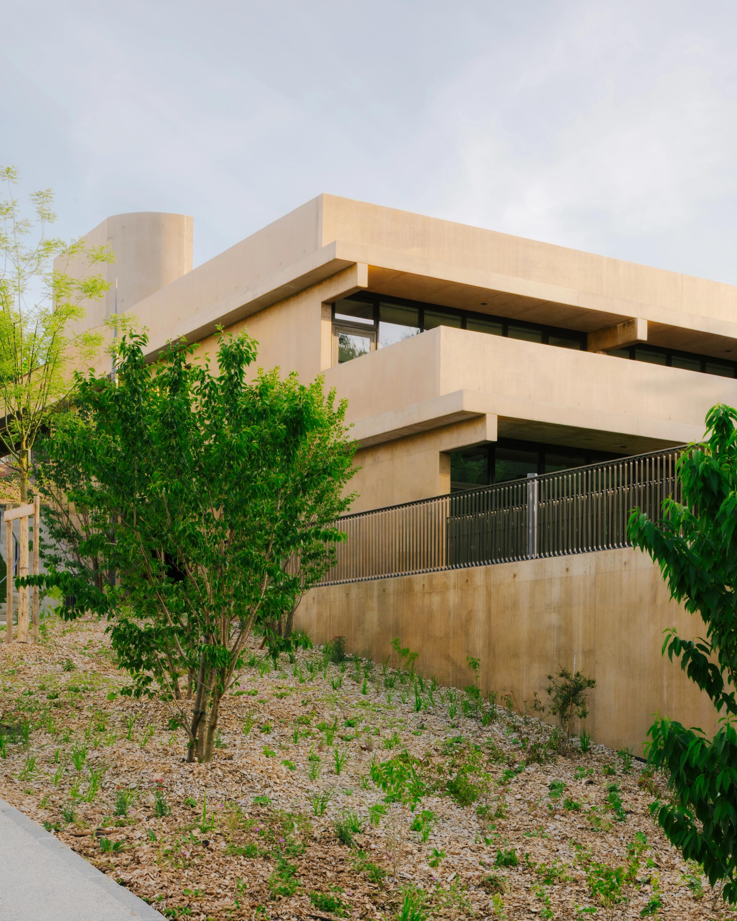 Maison des familles à Limonest : volumes en béton teinté en strates de terrasses, larges bandeaux horizontaux vitrés et socle épousant la pente paysagée.