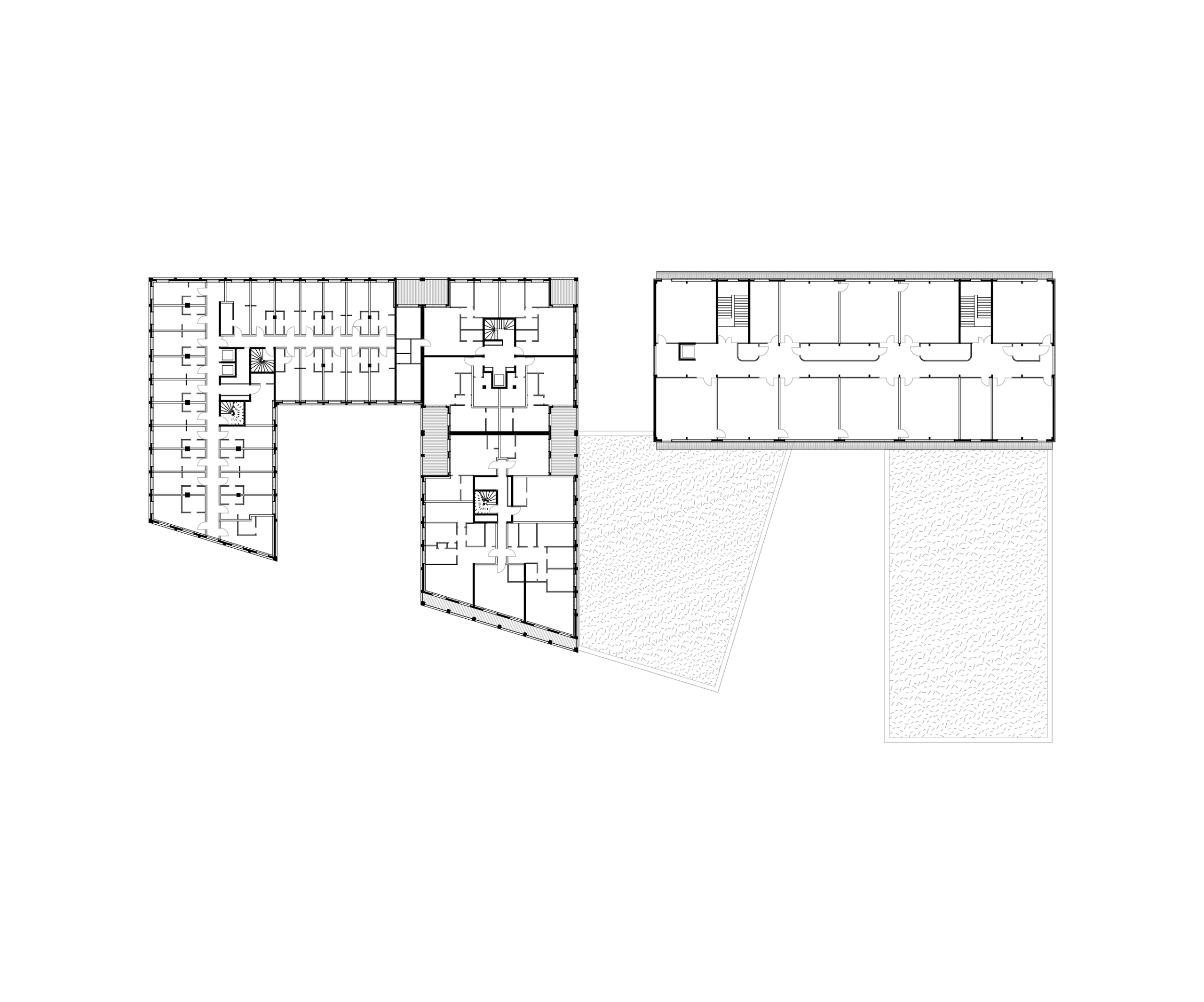 Plan de niveau des logements et de la résidence étudiante Frida Kahlo à Bordeaux, montrant l’îlot en L, circulations centrales et patios ouverts sur le parc.