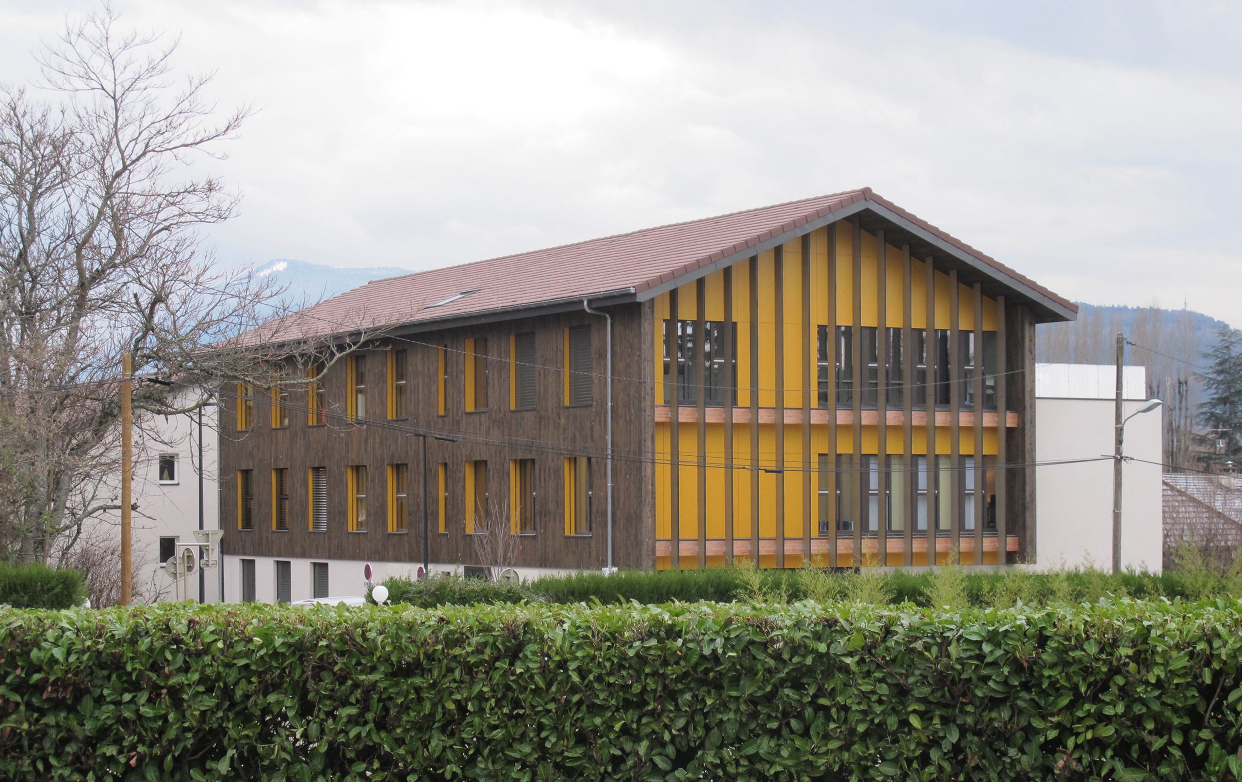 Vue de la maison de santé Tectoniques à Annecy : volume compact à toiture à deux pans, façades bois et panneaux jaunes rythmés par de fines lames verticales.