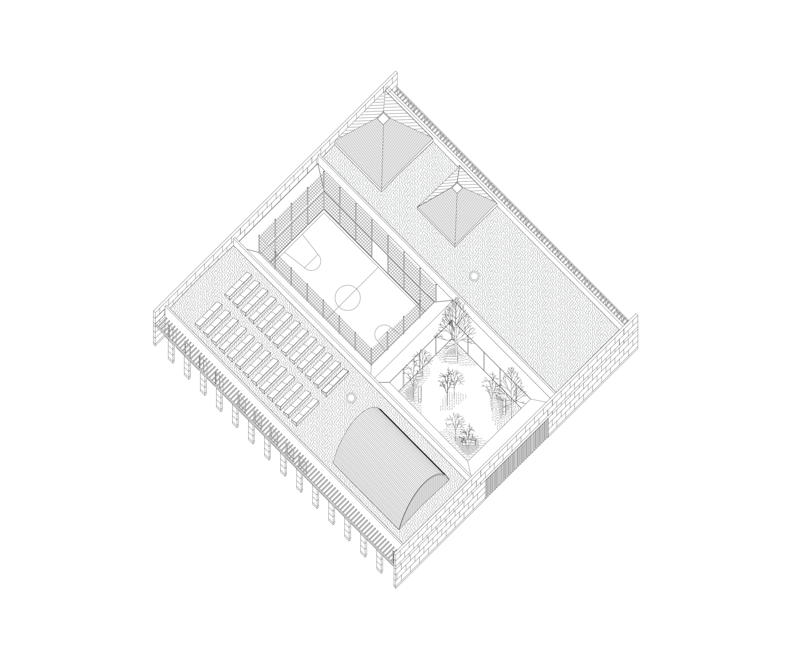 Axonométrie du Pôle culture et jeunesse à Vaison-la-Romaine : enceinte carrée en pierre massive, deux ailes basses encadrant jardin planté et city stade central.
