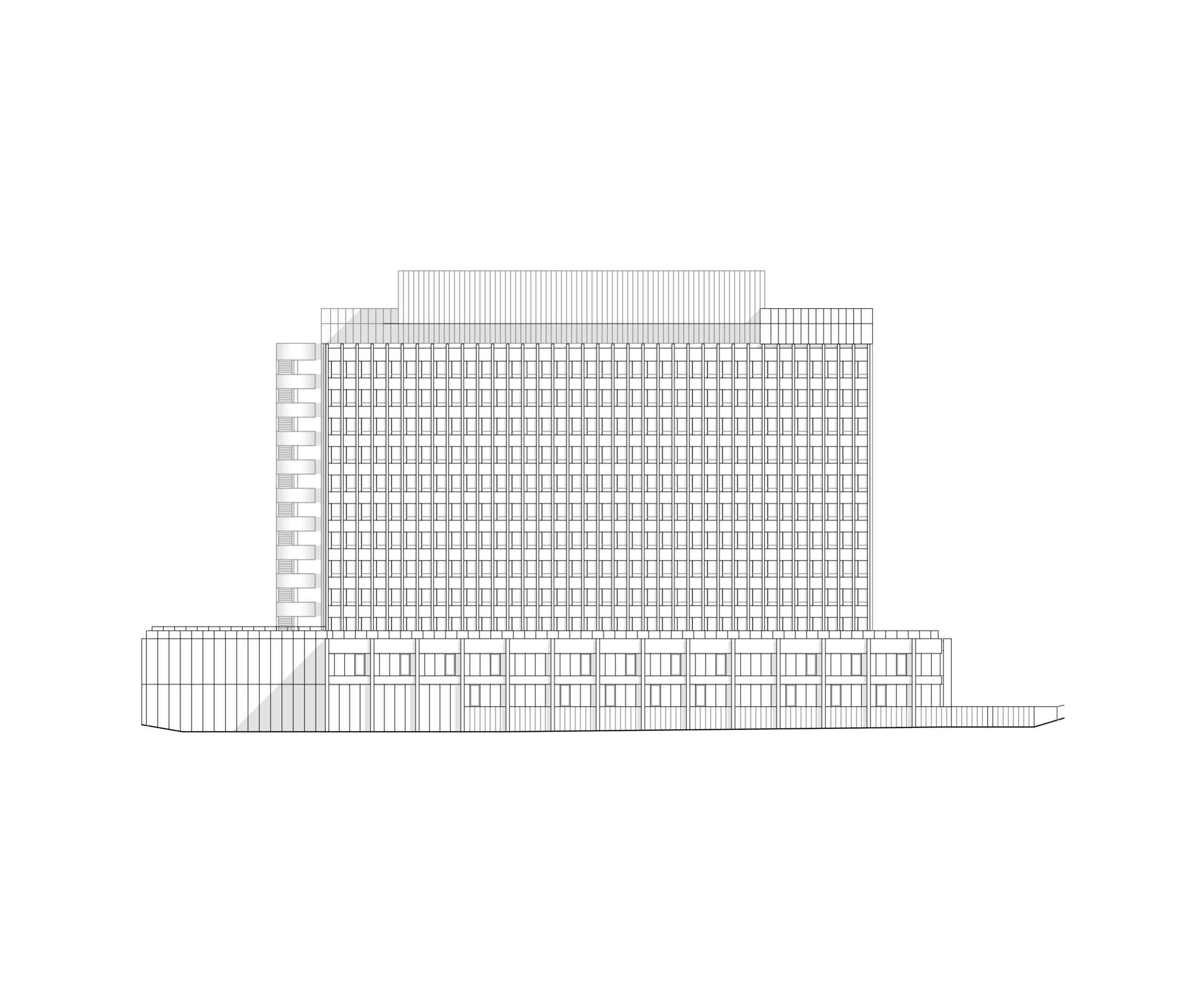Élévation du projet de réhabilitation de l’IGH Émile Loubet à Saint-Étienne, montrant la tour vitrée sur socle horizontal et l’escalier extérieur cylindrique.