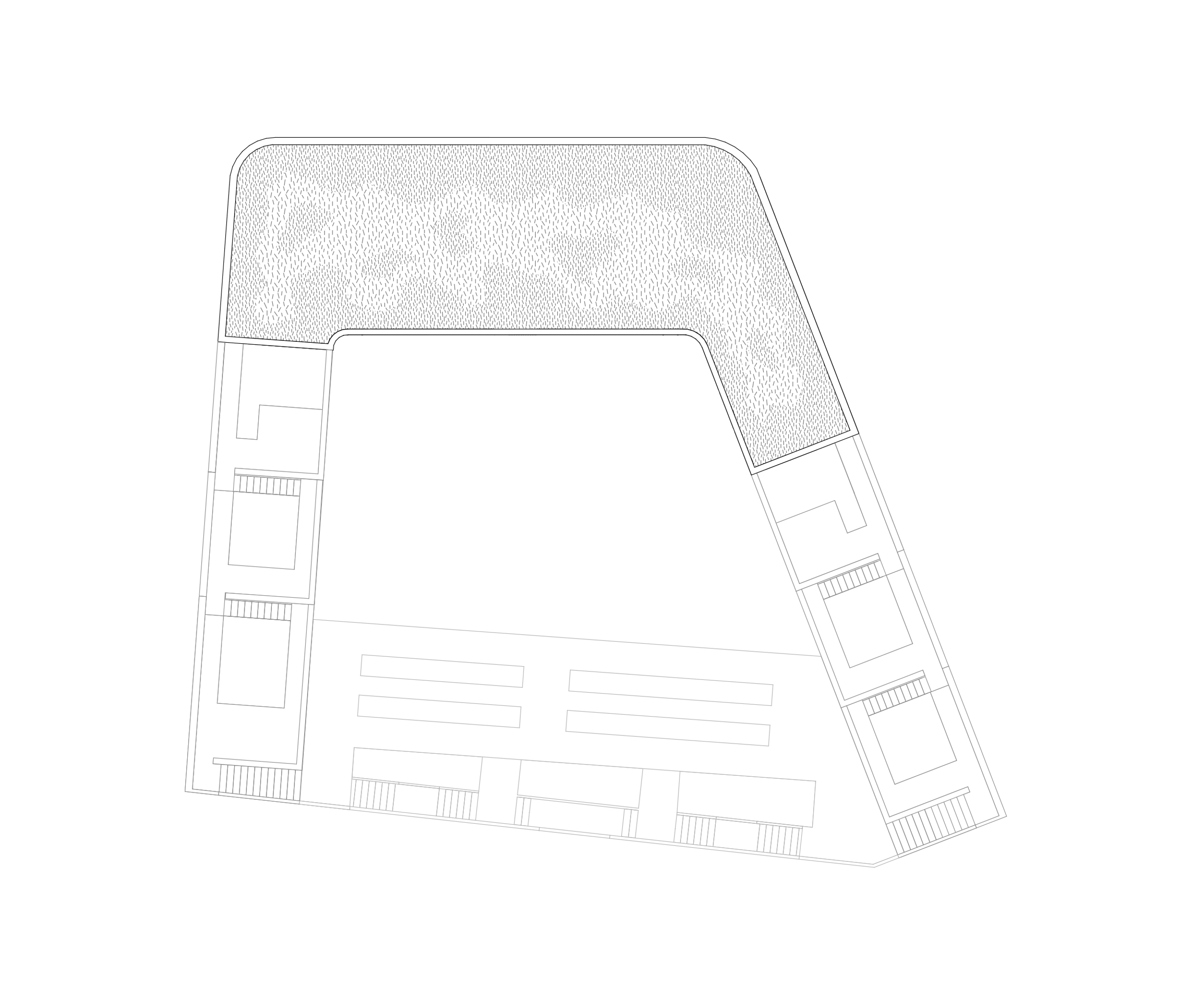 Plan de toiture du groupe scolaire Dominique Frelaut à Colombes, bâtiment en U ceinturant la cour, terrasse-jardin continue au sud en toiture accessible.