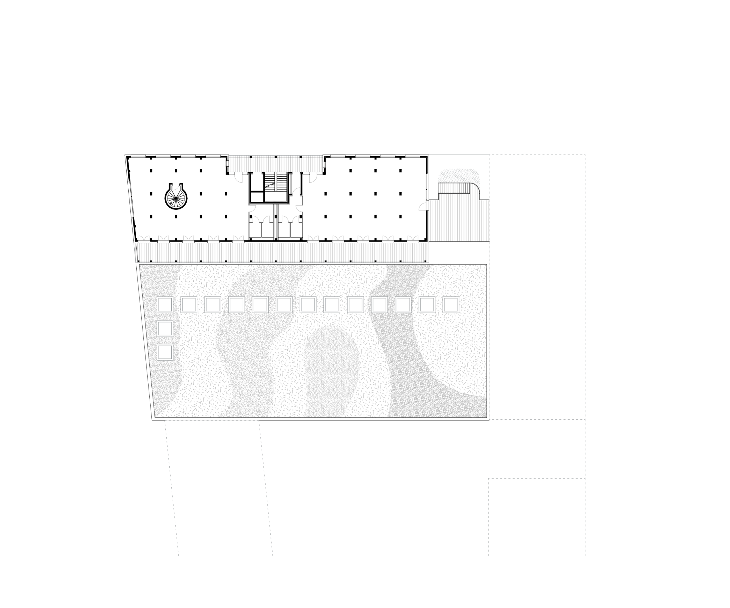 Technical plan of the E4 North block in Lyon, showing U-shaped housing slab, access cores and semi-underground sports hall opening onto a patterned wet garden.