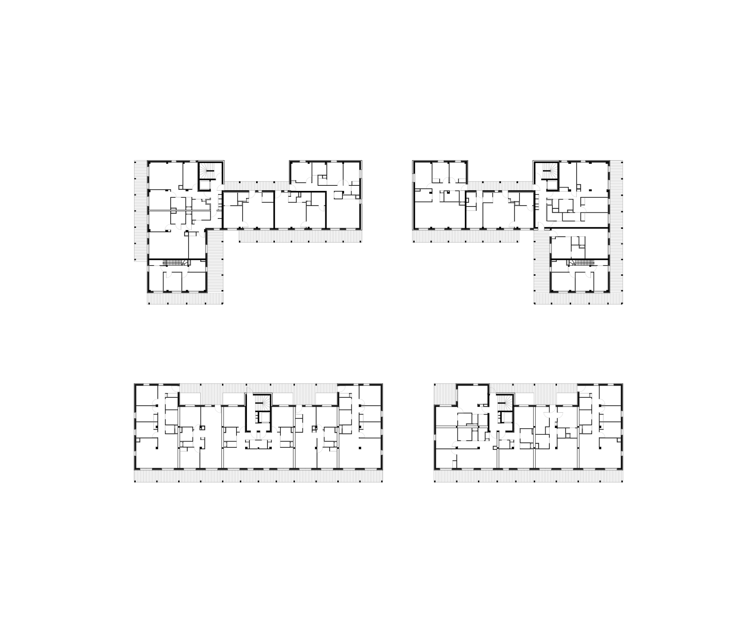 Plan de niveaux des 84 logements à Trévoux, montrant l’organisation en plots étagés, logements traversants, coursives déportées et larges balcons périphériques.