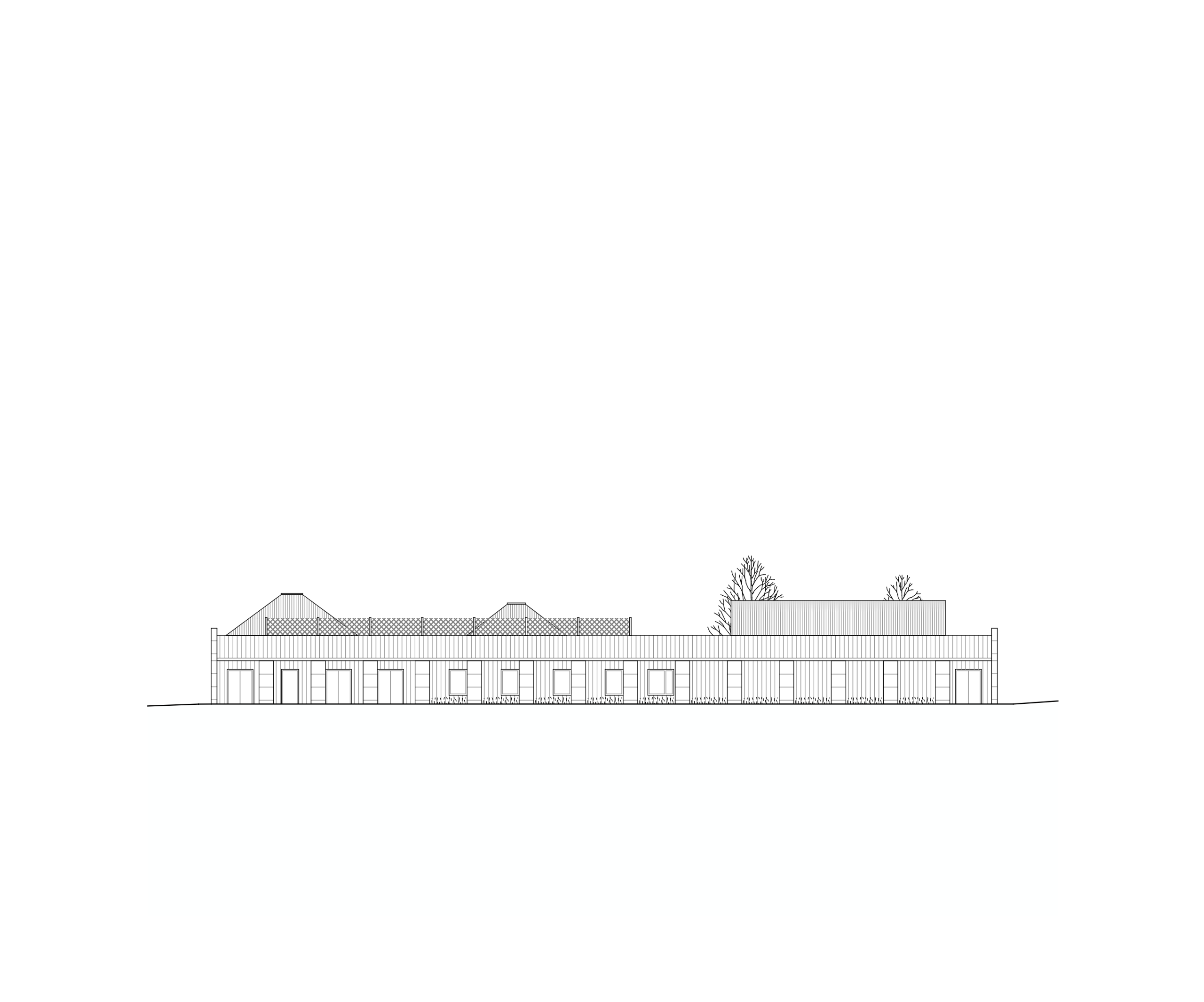 Elevation drawing of the Youth Cultural Center in Vaison-la-Romaine, showing a low stone base, emerging hall volumes and enclosed garden with trees.