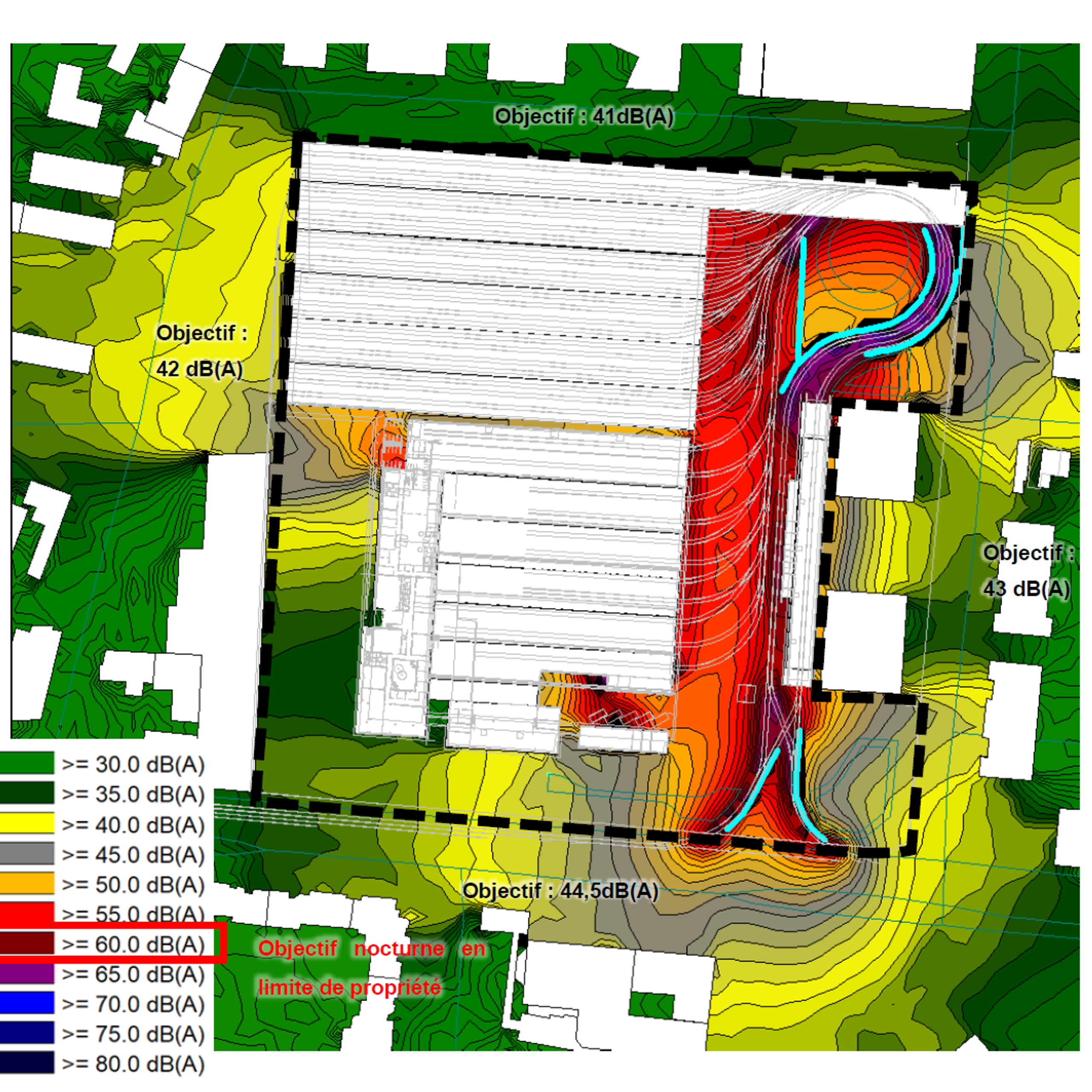 Noise contour map of the Lyon tramway maintenance center, showing the shed layout, surrounding urban fabric and graded sound levels around the site.