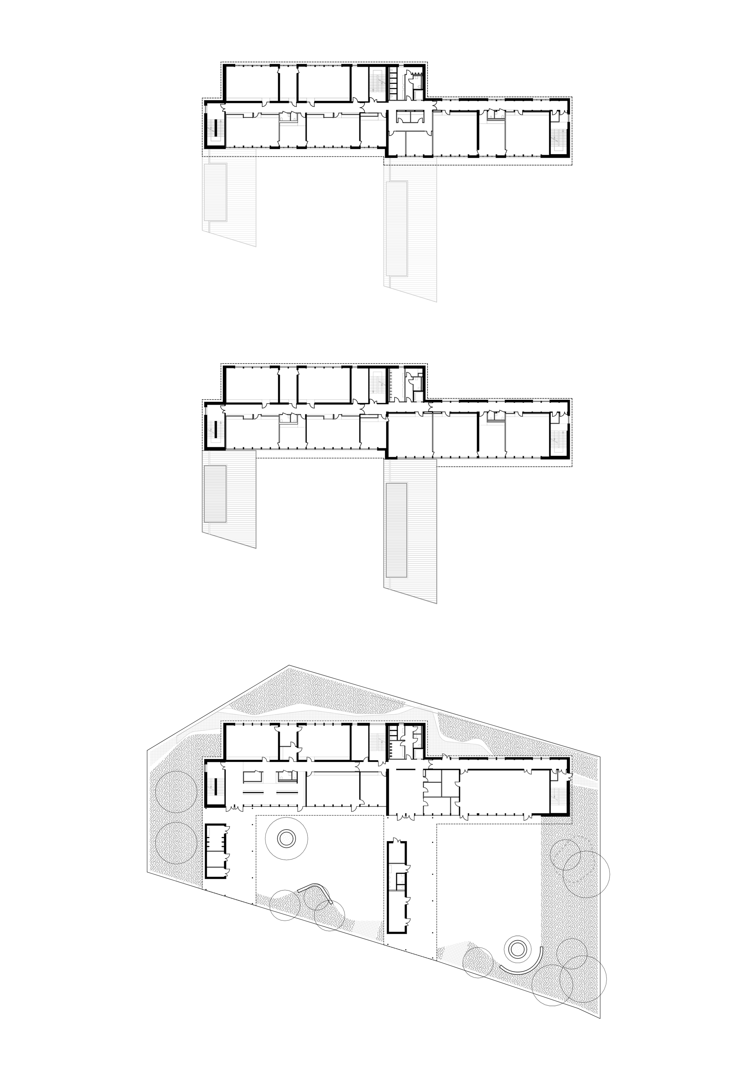Plans du groupe scolaire du Bouchet à Bonneville : trois niveaux en barre avec extensions perpendiculaires et cours redessinées, montrant la restructuration.