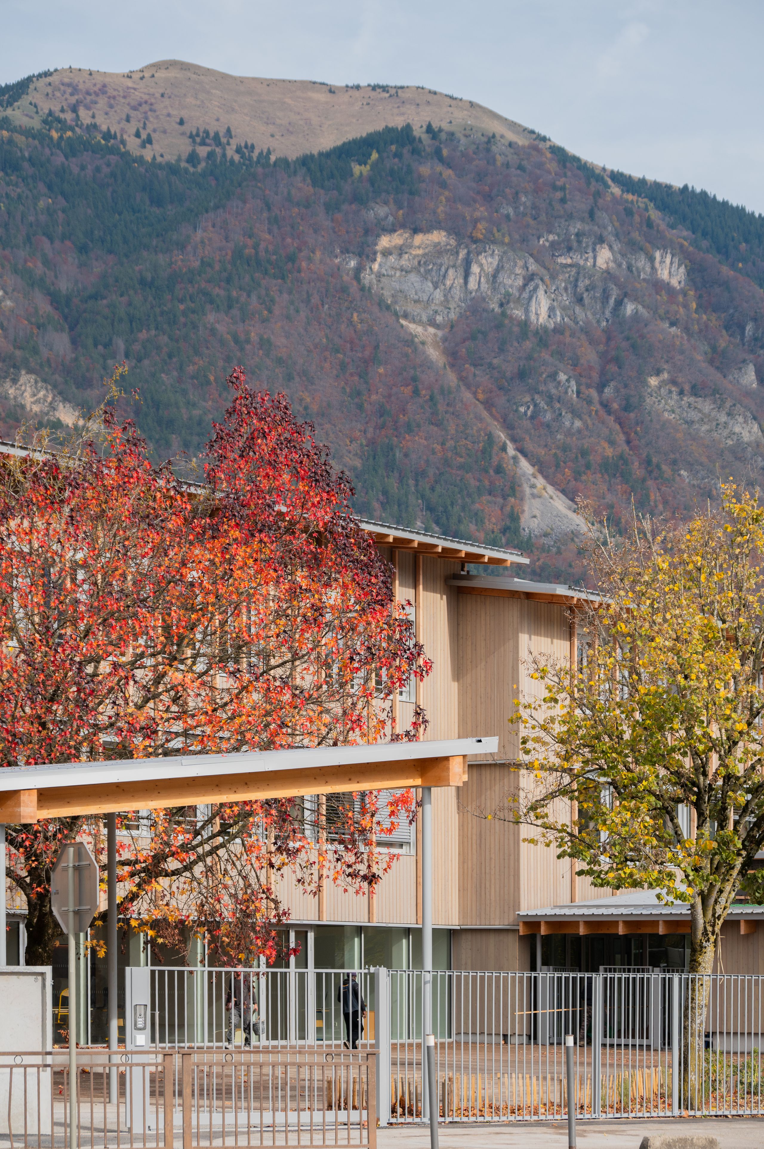 Façade bois surélevée du groupe scolaire du Bouchet à Bonneville, préaux couverts et clôture métallique, en pied de versant montagneux arboré.