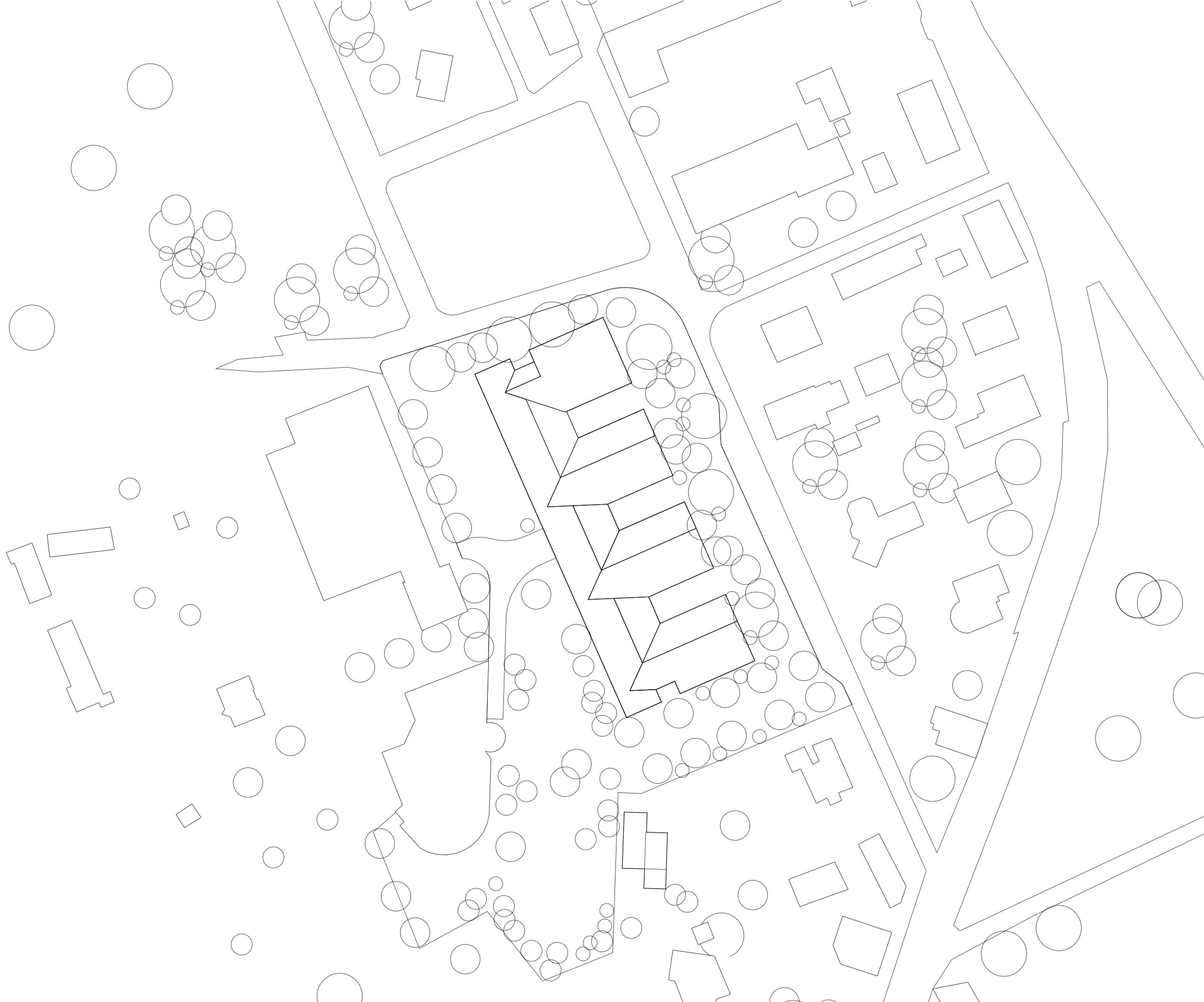 Plan masse du Collège du Ban à Vagney : bâtiment en peigne implanté en plaine, ailes parallèles encadrant la cour, portique longitudinal et trame arborée.