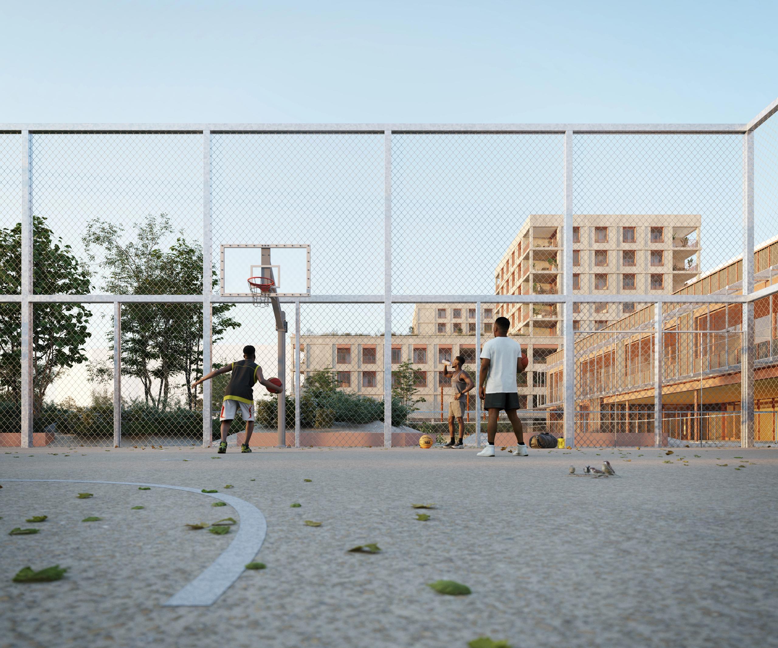 Perspective of an outdoor basketball court in the Mixed-Use Blocks, Bordeaux, framed by metal fencing with timber-clad housing blocks in the background.