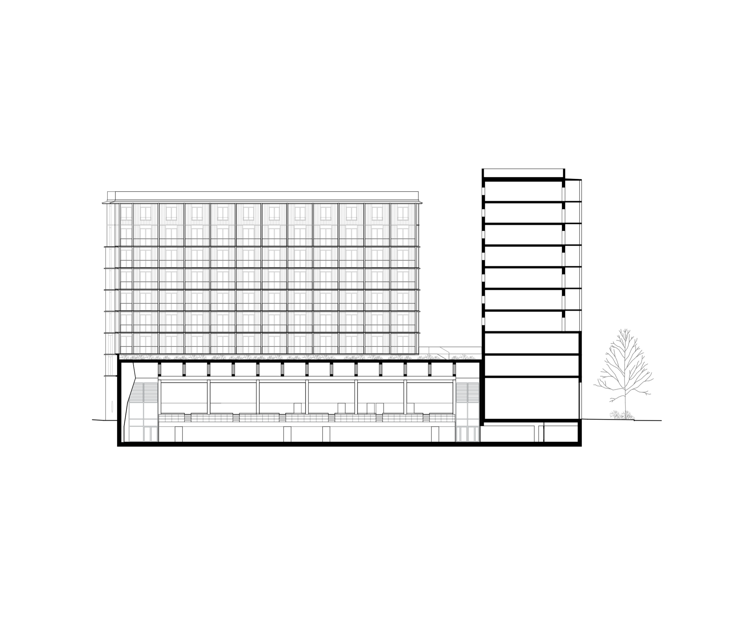 Section drawing of the E4 North block in Lyon, showing U-shaped housing, semi-underground sports hall and office tower above a continuous portico base.