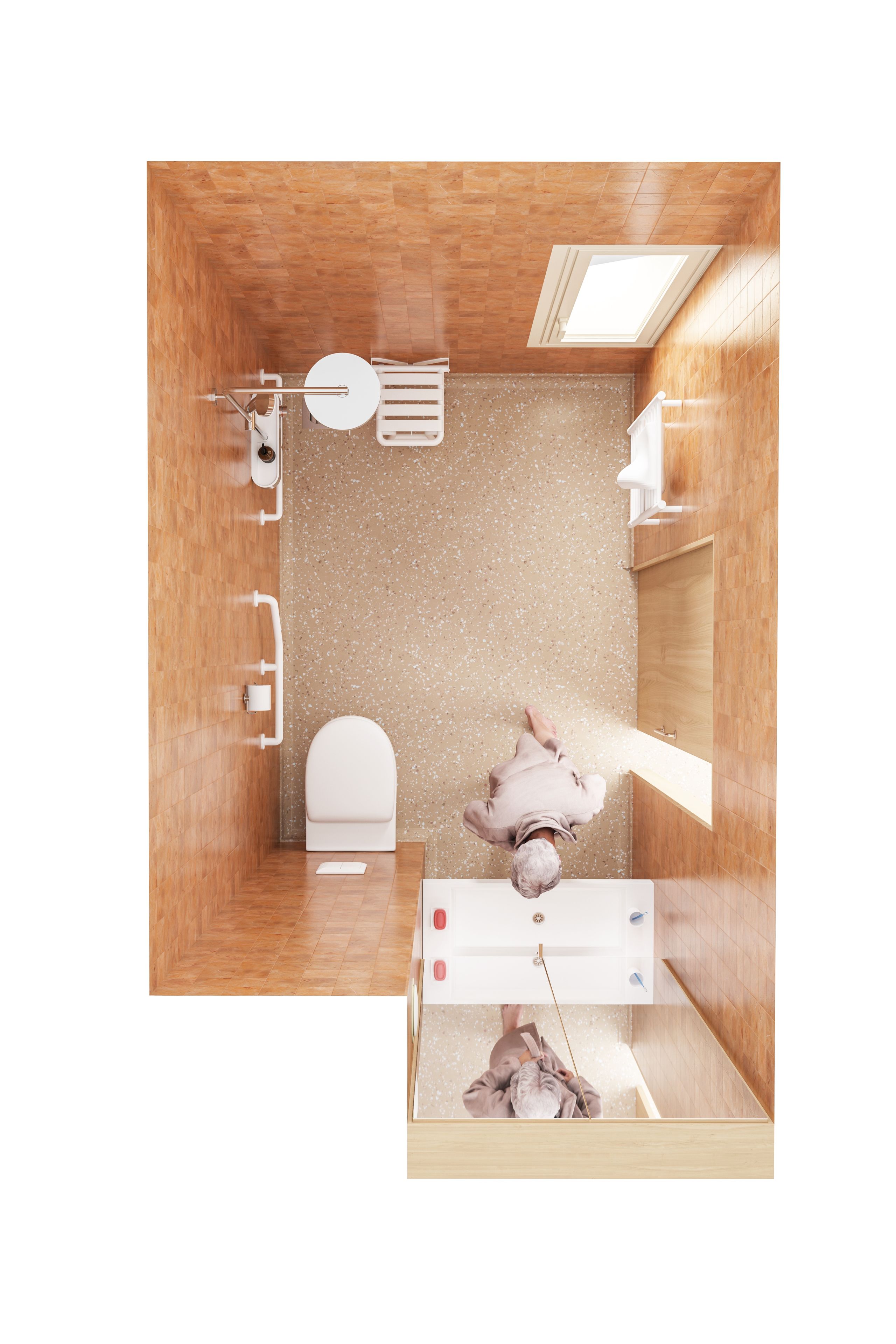 Vue en plan d’une salle de bain adaptée de l’Ehpad d’Auxerre, avec parois en carreaux ocre, sol antidérapant, barres d’appui et lumière naturelle.