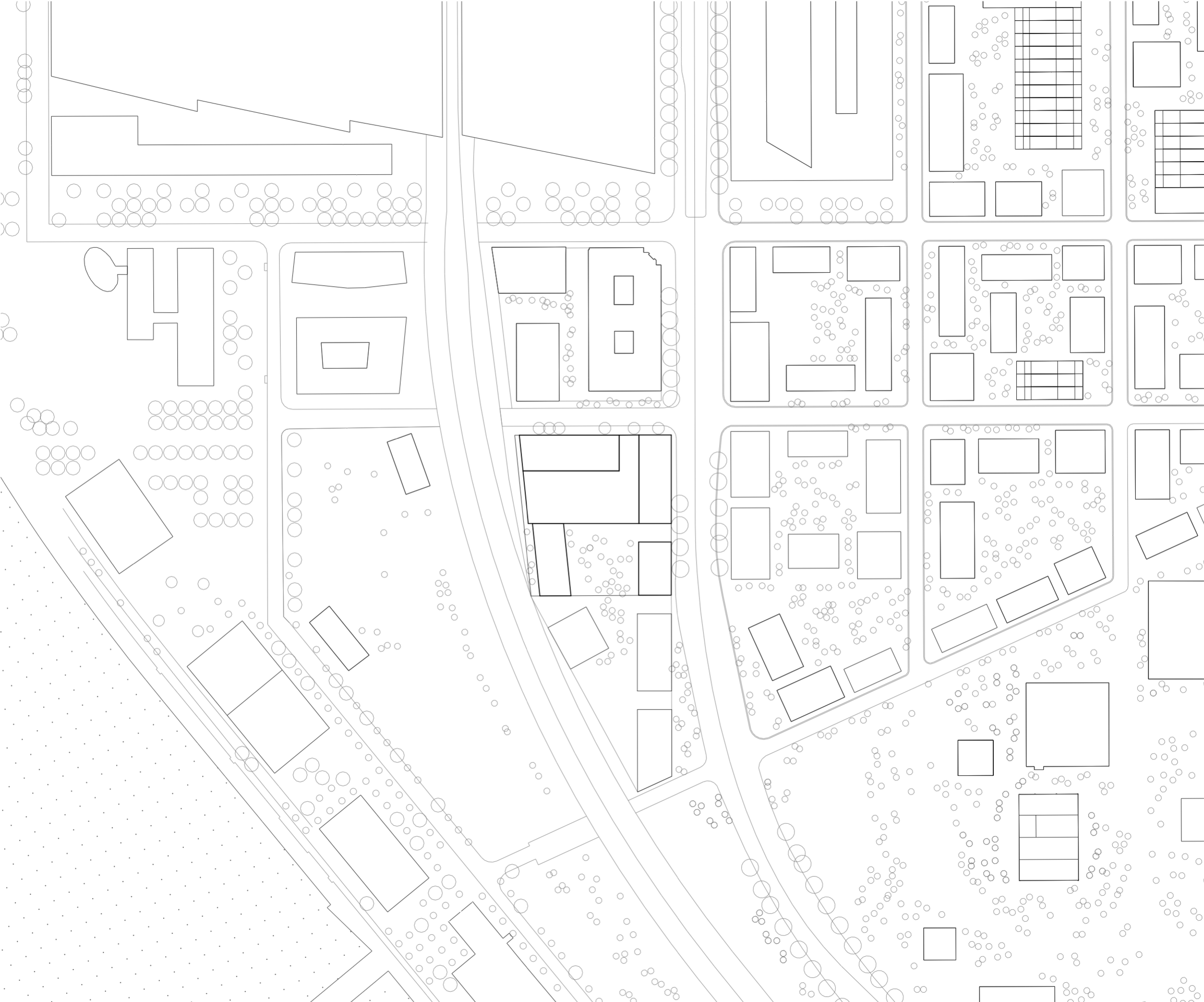 Site plan of the E4 North block in Lyon, showing U-shaped housing, offices and semi-underground sports hall set between railway lines, streets and garden.