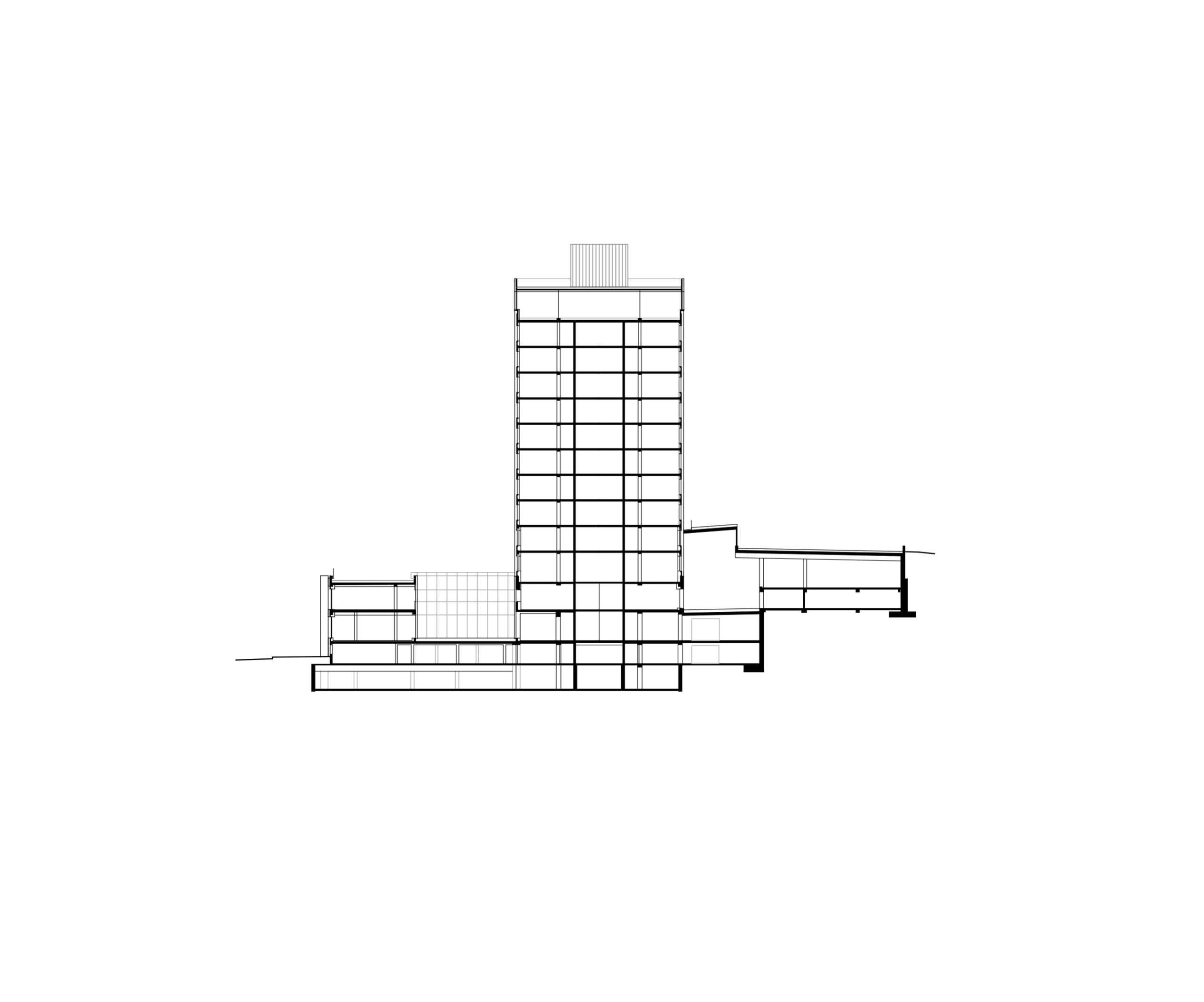 Coupe architecturale de la réhabilitation de l’IGH Émile Loubet à Saint-Étienne, montrant la tour, le socle tertiaire et les volumes ajoutés en attique.
