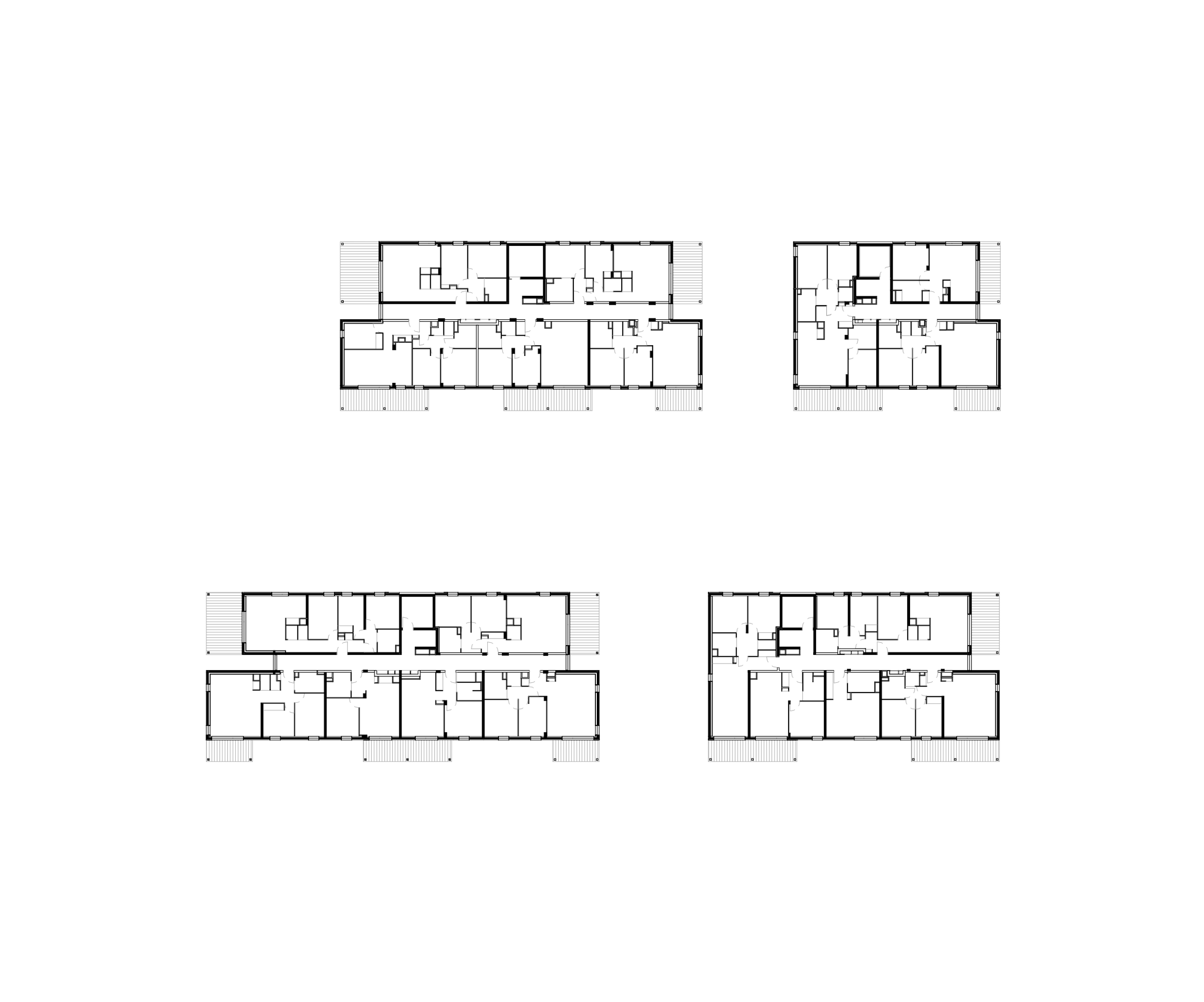 Plan d’étage des 116 logements à Vénissieux par Tectoniques, montrant quatre volumes fragmentés disposés autour d’un axe central, avec des appartements majoritairement traversants ou à double orientation, desservis par des circulations rectilignes éclairées naturellement et prolongés par de larges balcons en façade, illustrant l’organisation rationnelle des noyaux humides et des espaces de vie dans le système constructif hybride béton / ossature bois / exosquelettes métalliques.