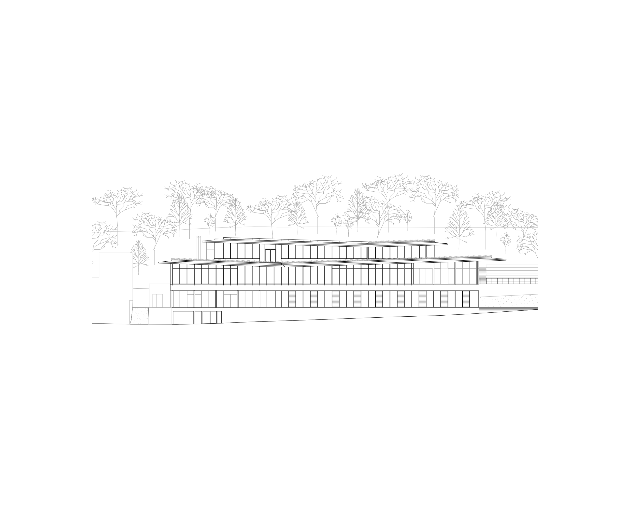 Élévation du projet Claudie Haigneré aux Pennes-Mirabeau : volumes en terrasses, façades largement vitrées et toitures débordantes dans un vallon boisé.